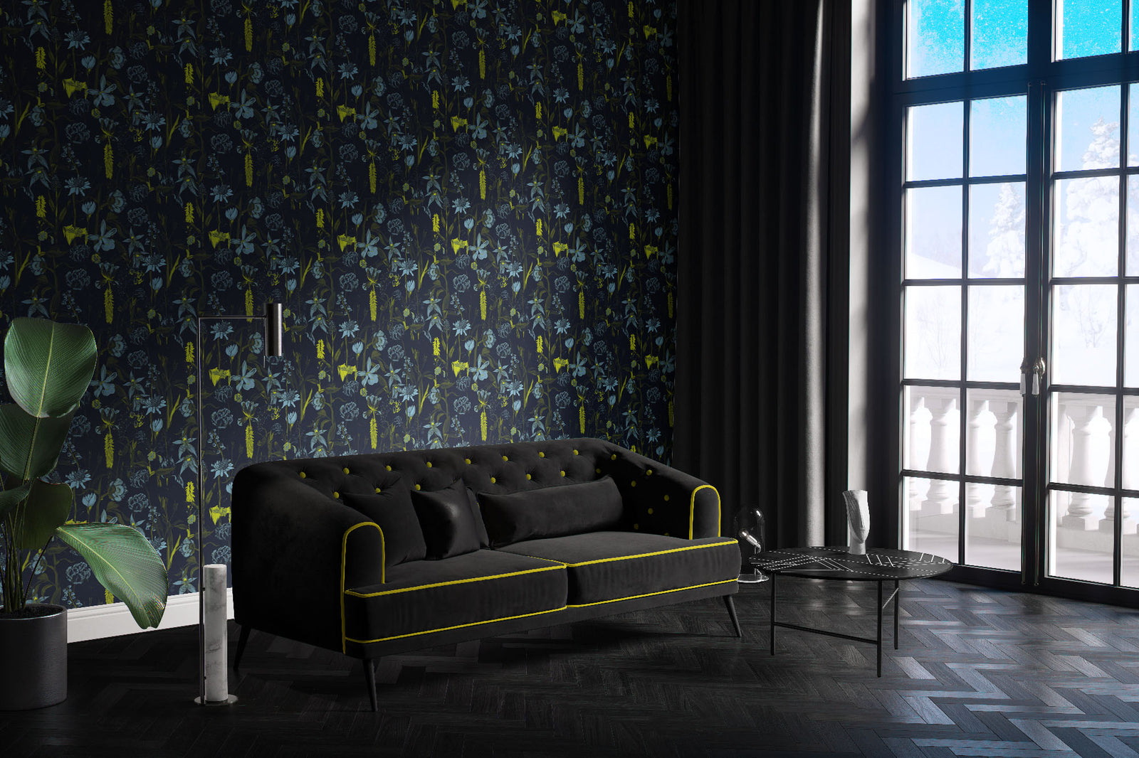 navy_wallpaper displaying a floral pattern with various flowers in shades of dark blue, gray, and yellow on a light navy background.