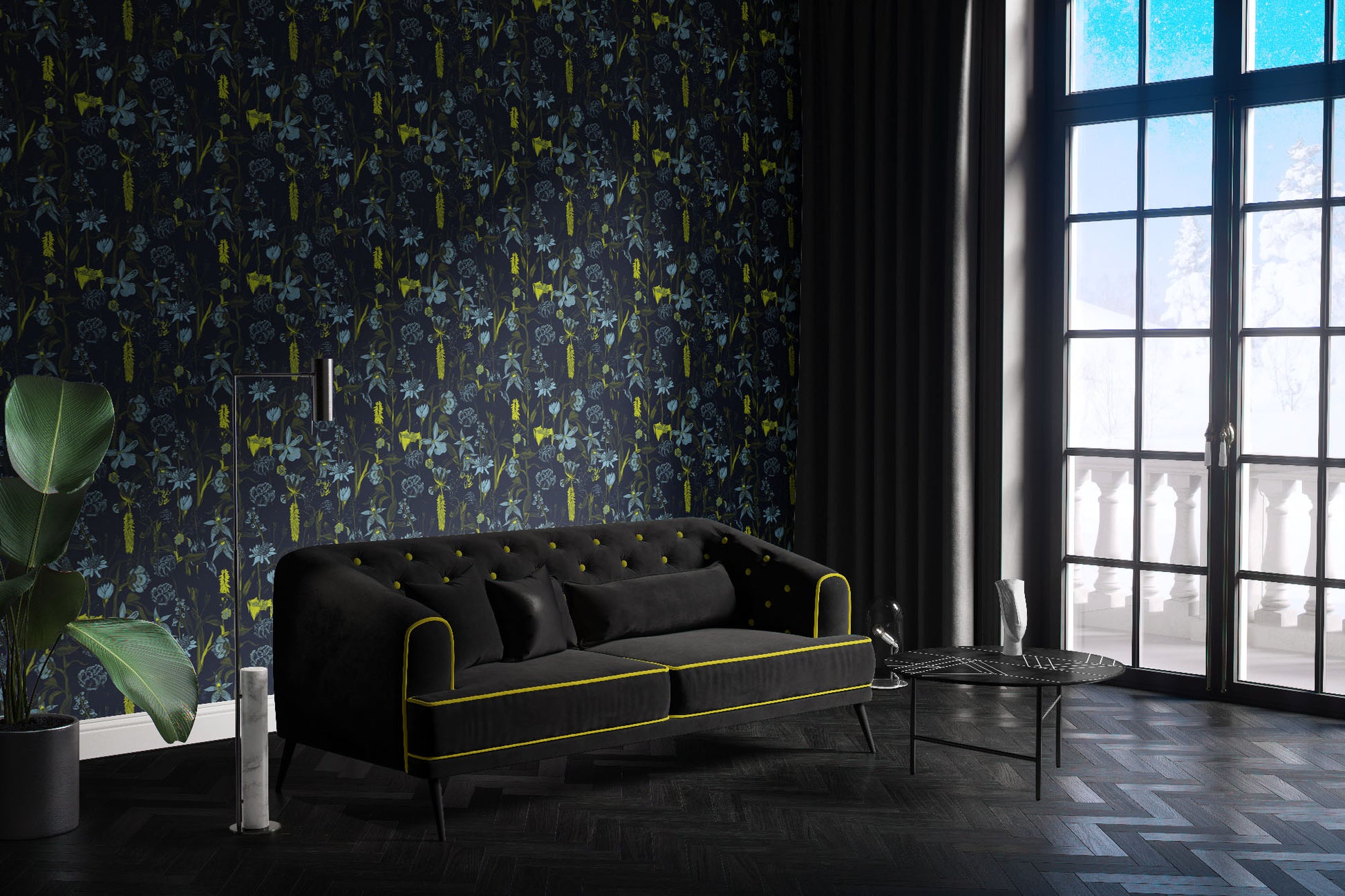 navy_wallpaper displaying a floral pattern with various flowers in shades of dark blue, gray, and yellow on a light navy background.