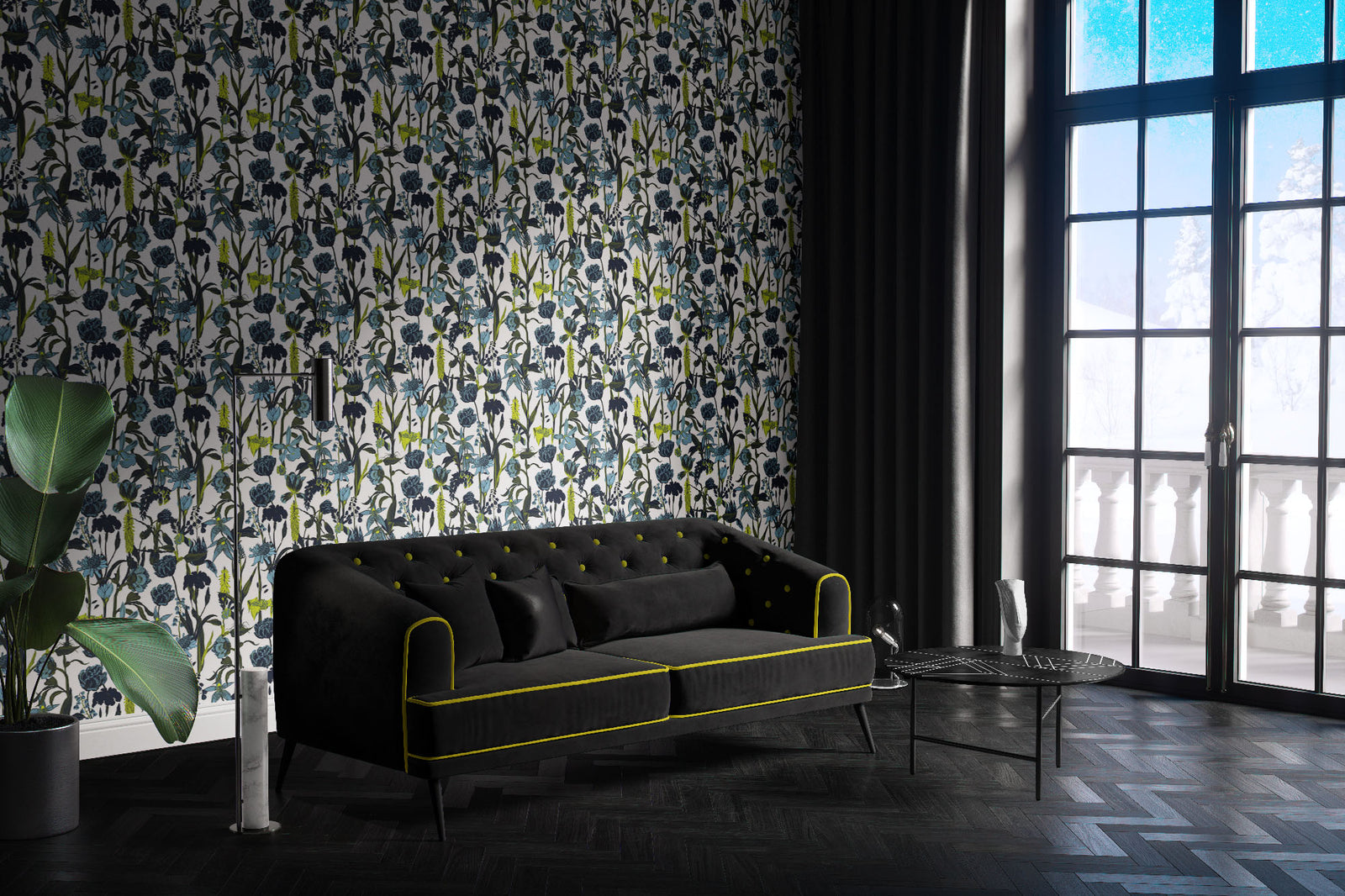 white_wallpaper displaying a floral pattern with various flowers in shades of dark blue, gray, and yellow on a light white background.