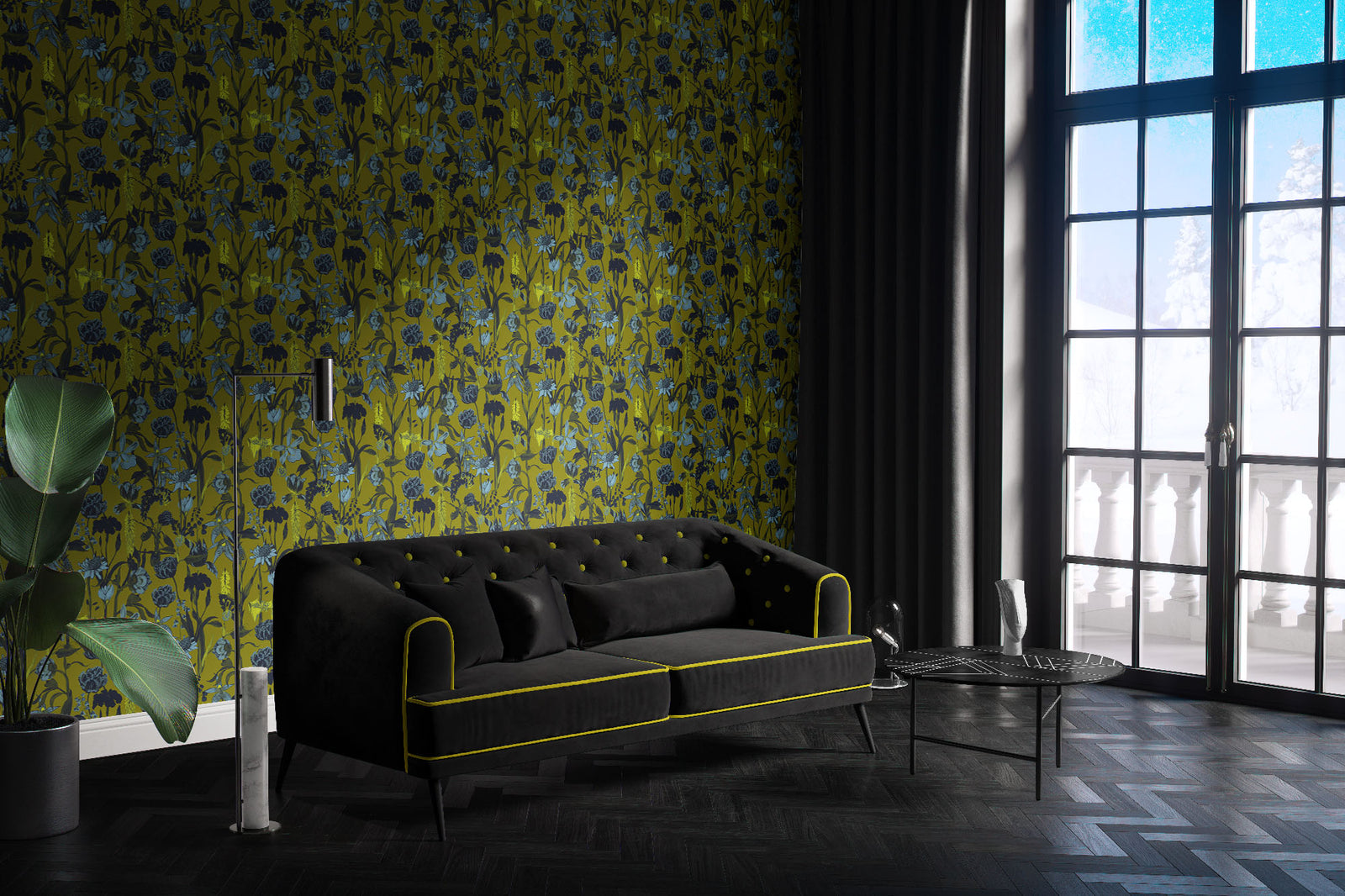 yellow_wallpaper displaying a floral pattern with various flowers in shades of dark blue, gray, and yellow on a light yellow background.