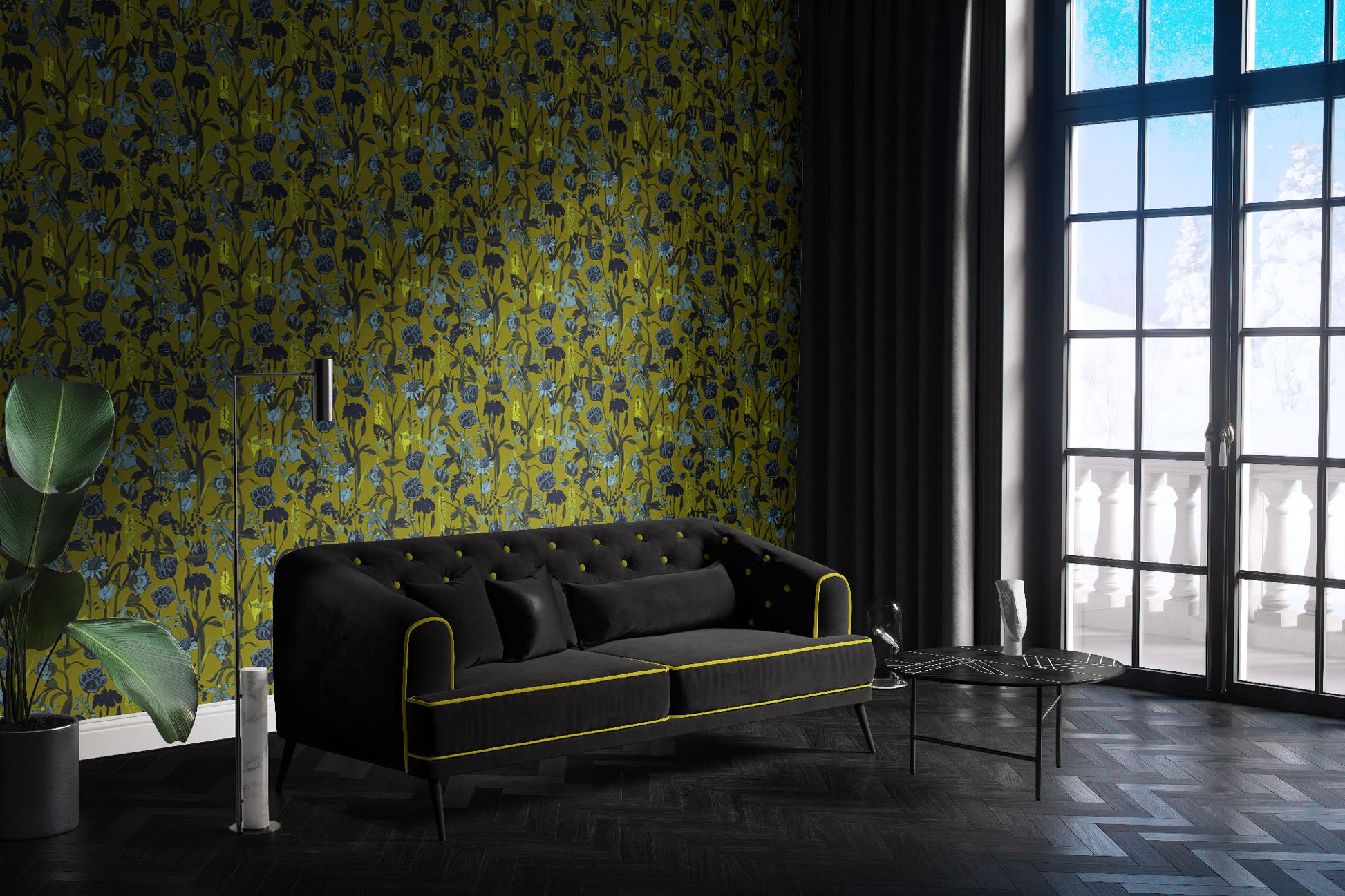 yellow_wallpaper displaying a floral pattern with various flowers in shades of dark blue, gray, and yellow on a light yellow background.