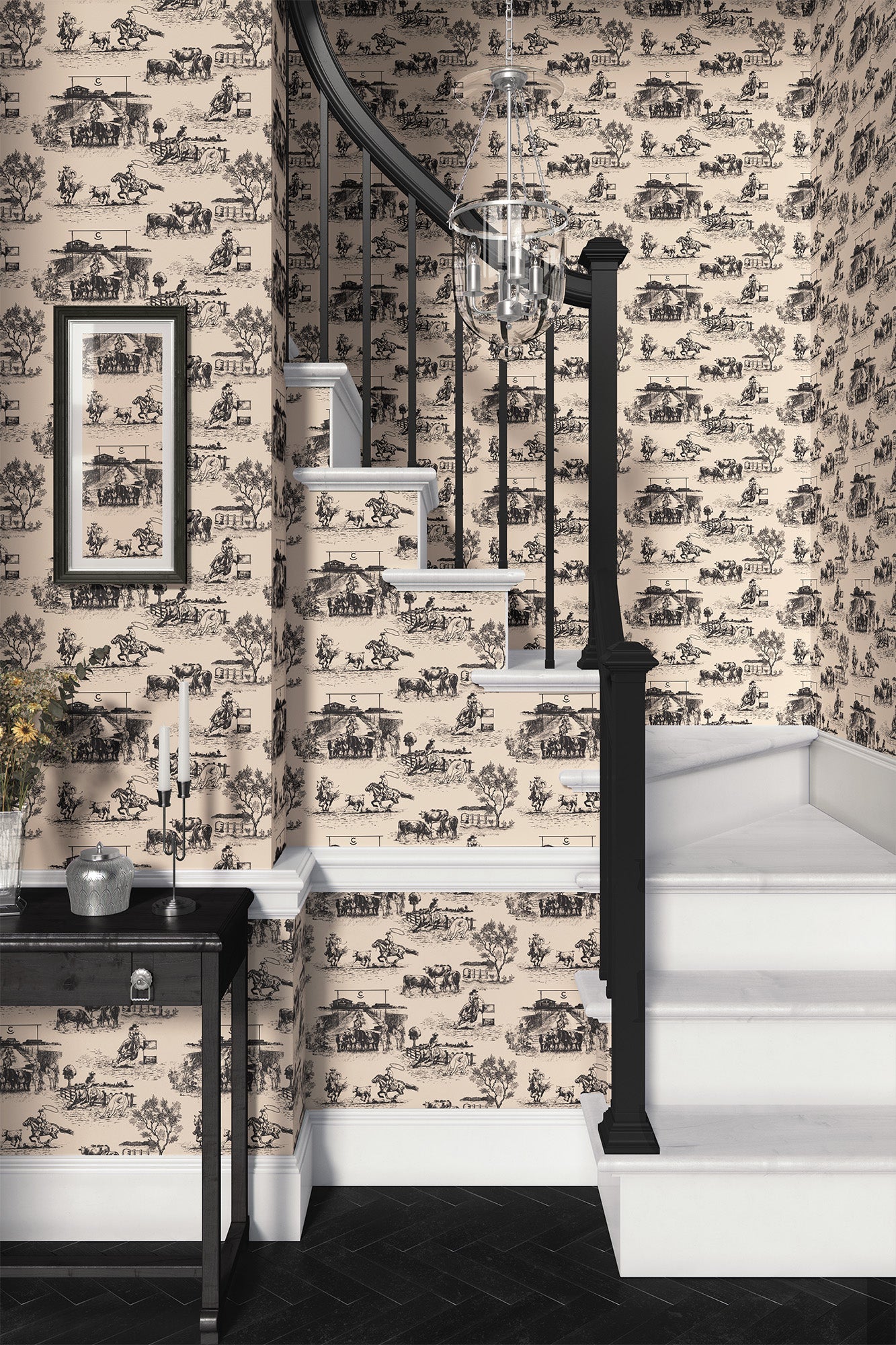 black-cream_traditional wallpaper featuring toile pattern with ranch scenes, including horses and cattle.