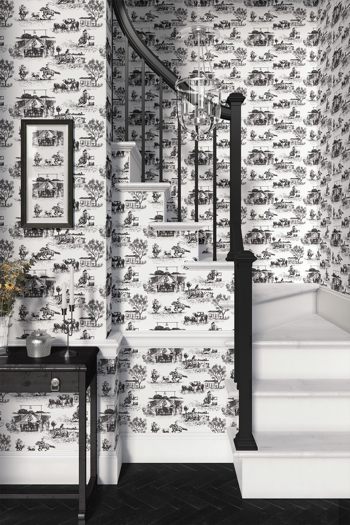 black-white_traditional wallpaper featuring toile pattern with ranch scenes, including horses and cattle.
