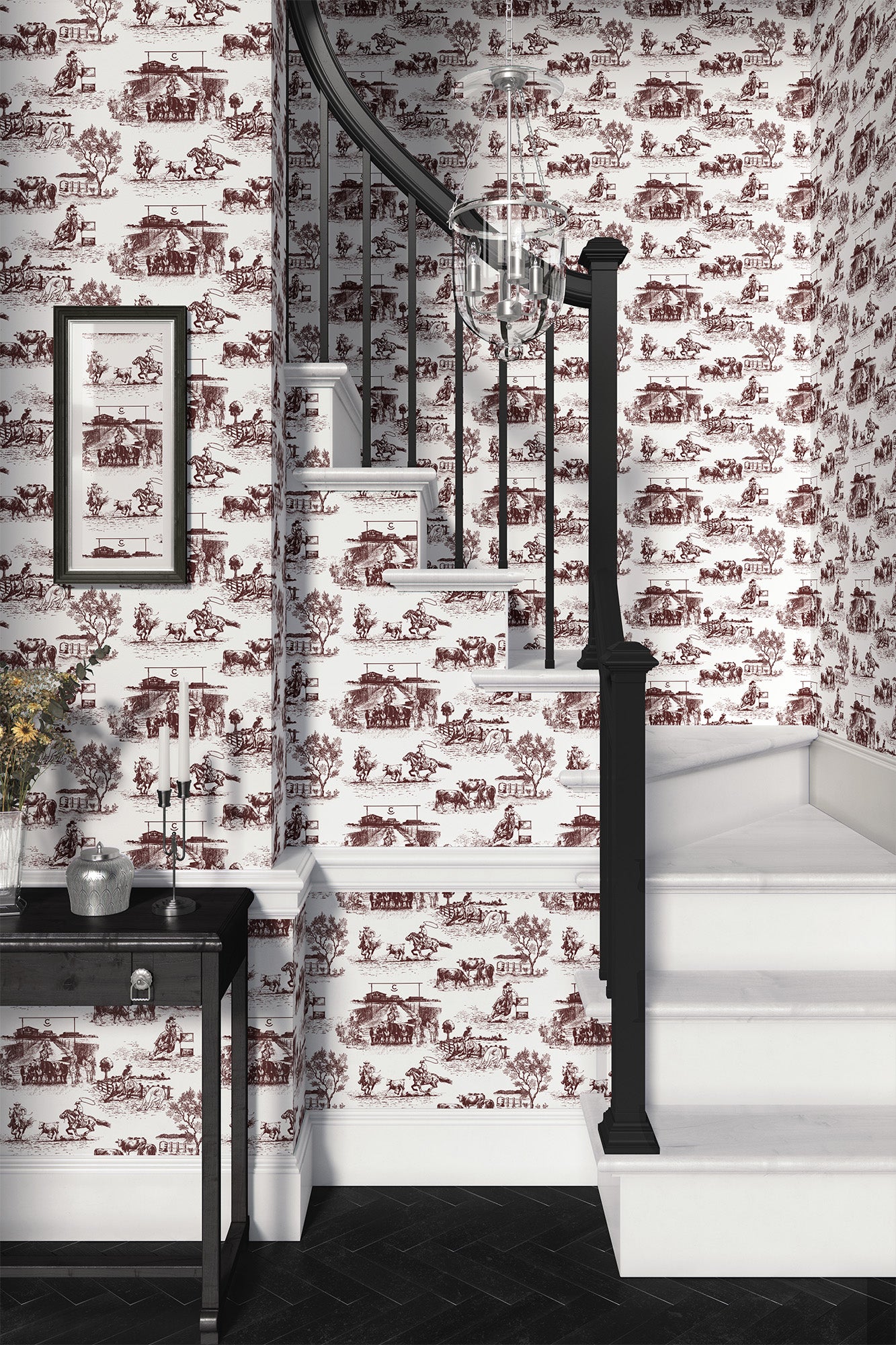 maroon_traditional wallpaper featuring toile pattern with ranch scenes, including horses and cattle.
