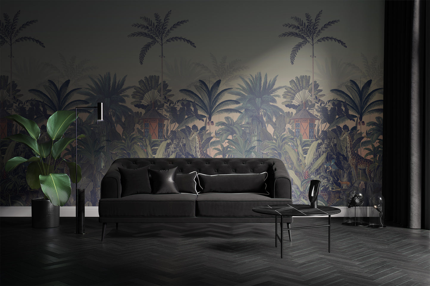 moody_A section of wallpaper showcasing a jungle scene with various plants, a small tower, and an animal which appears to be a giraffe.