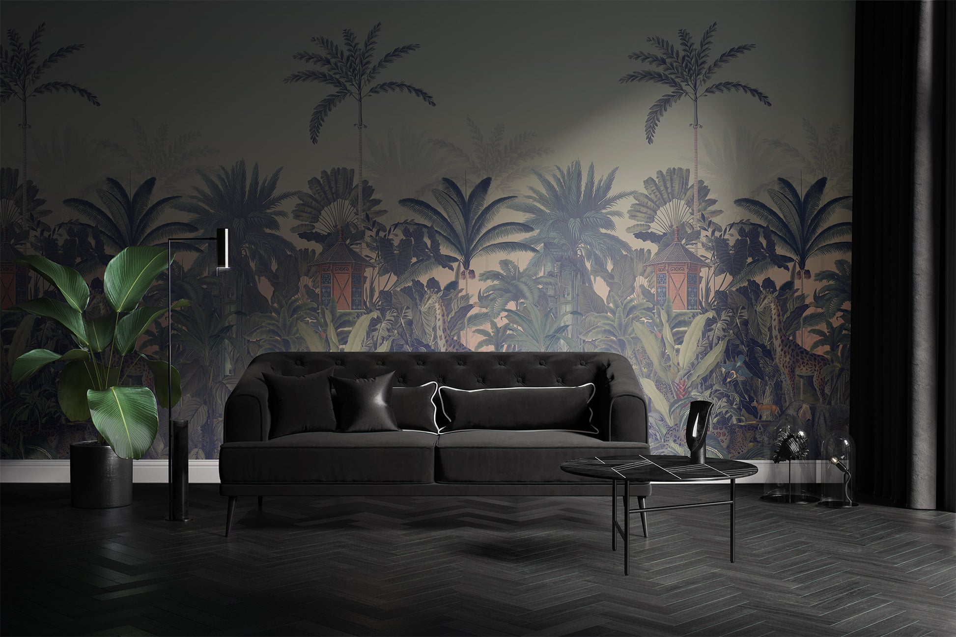 moody_A section of wallpaper showcasing a jungle scene with various plants, a small tower, and an animal which appears to be a giraffe.