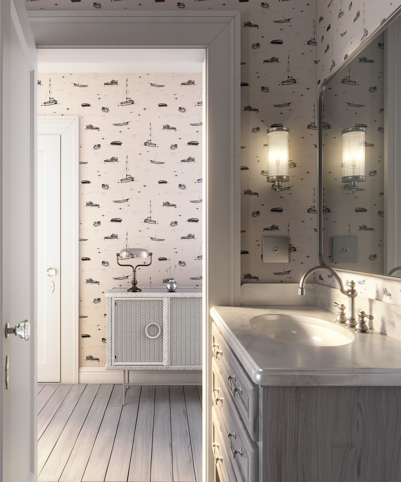 beige_A wallpaper with a beige and black sketch pattern featuring boats on the ocean in a bathroom