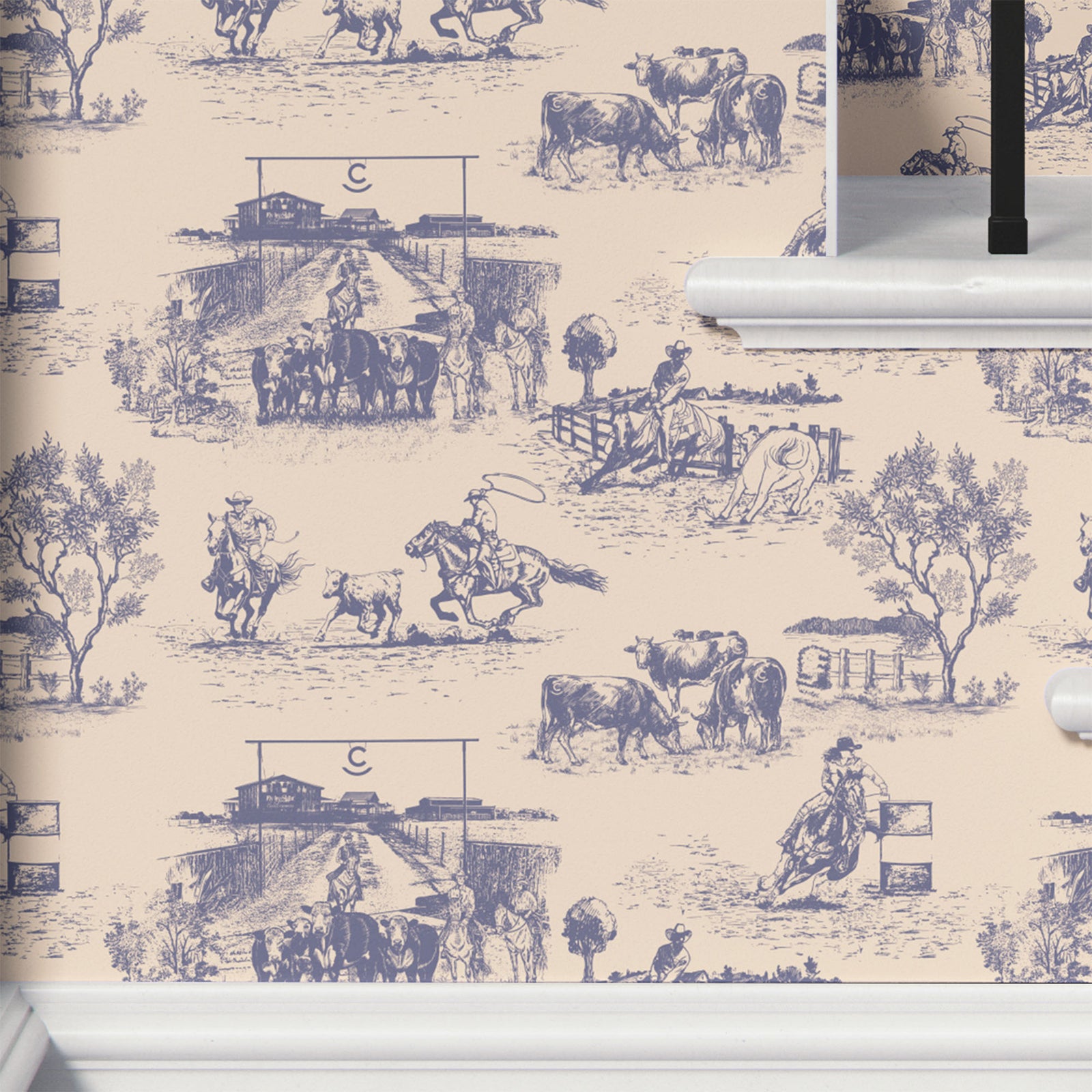 purple_traditional wallpaper featuring toile pattern with ranch scenes, including horses and cattle