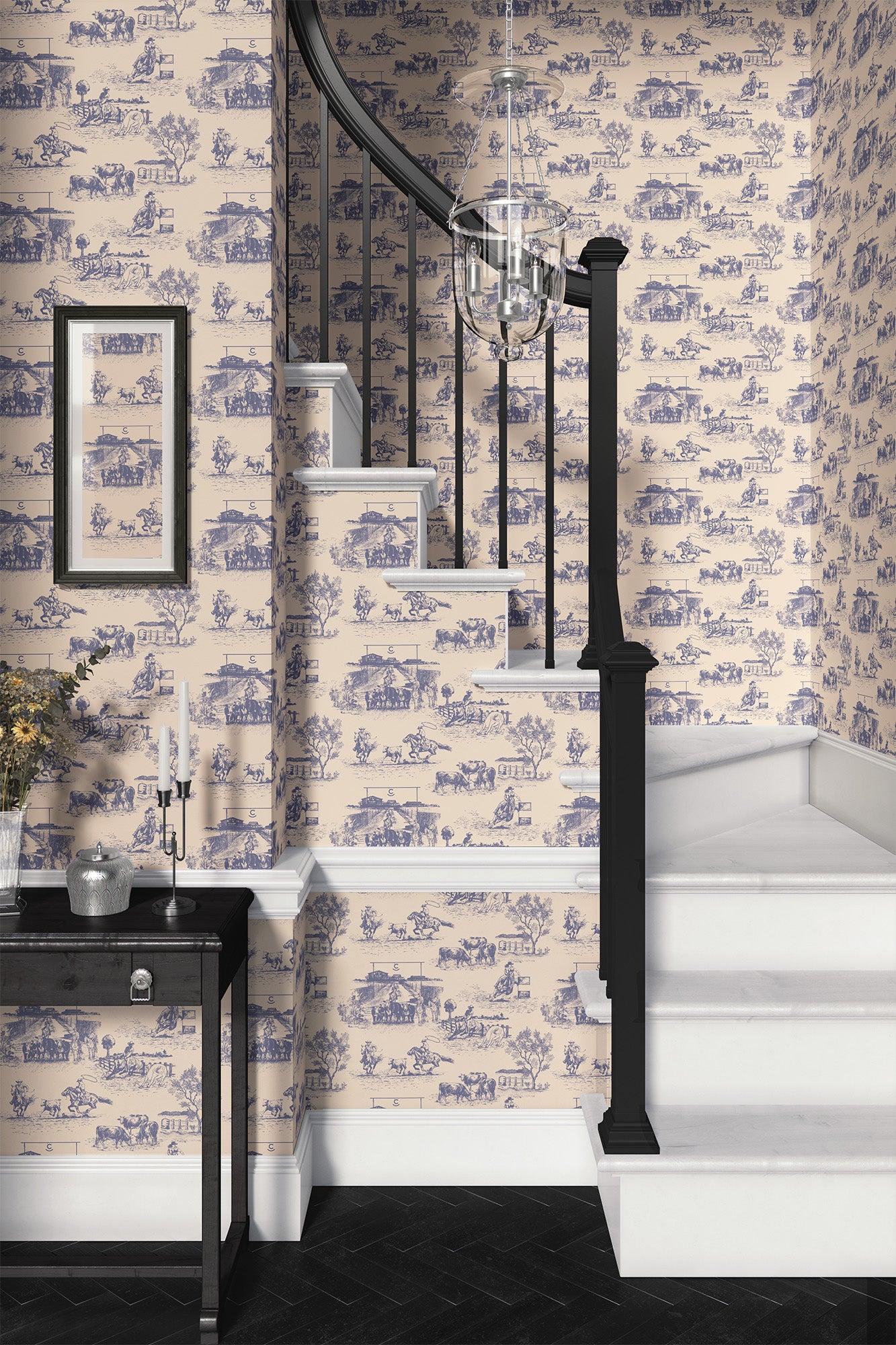 purple_traditional wallpaper featuring toile pattern with ranch scenes, including horses and cattle