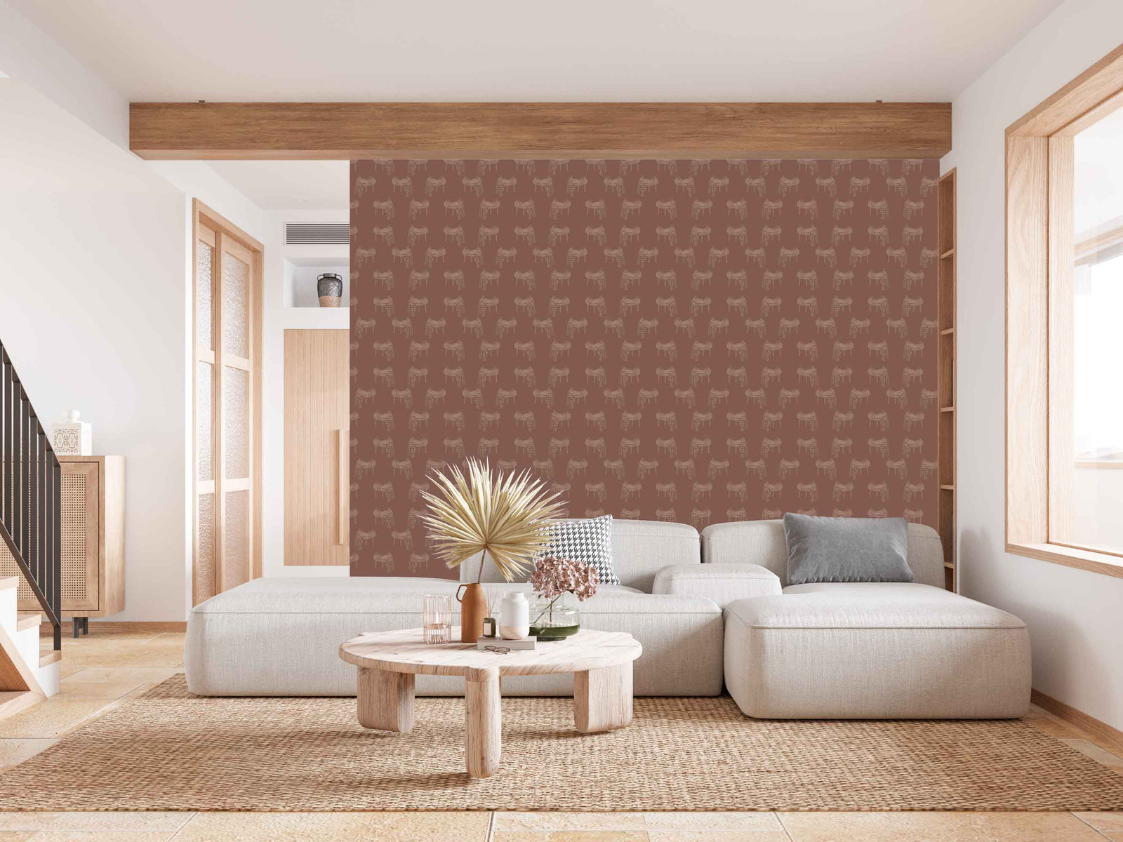 brown_A wallpaper featuring a pattern of illustrated saddles on a brown background.