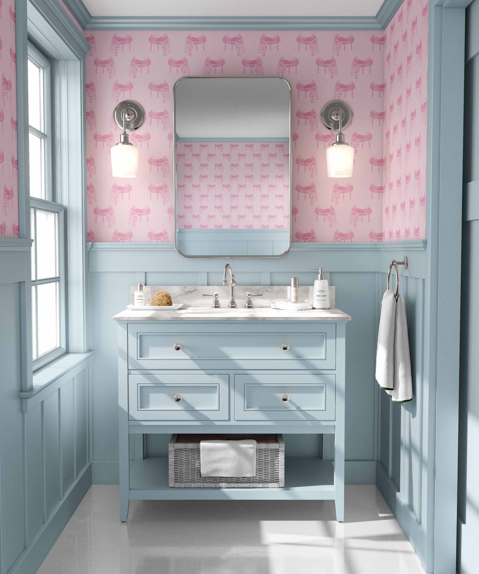pink_A wallpaper featuring a pattern of illustrated saddles on a pink background.