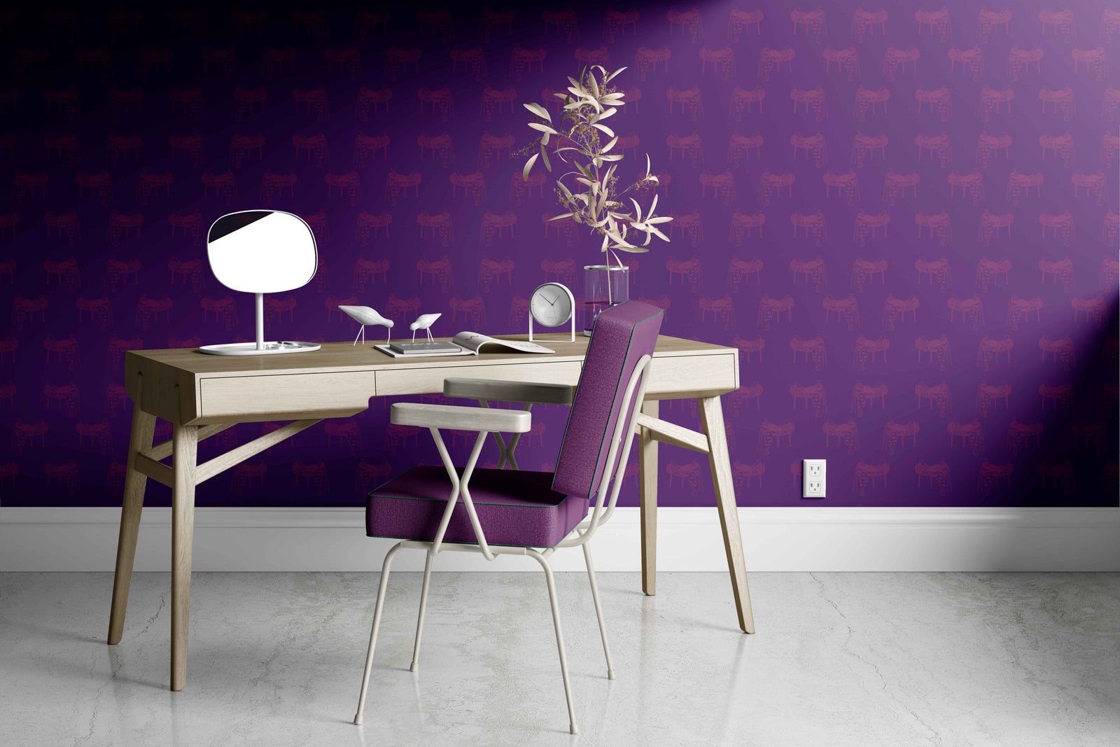 purple_A wallpaper featuring a pattern of illustrated saddles on a purple background.