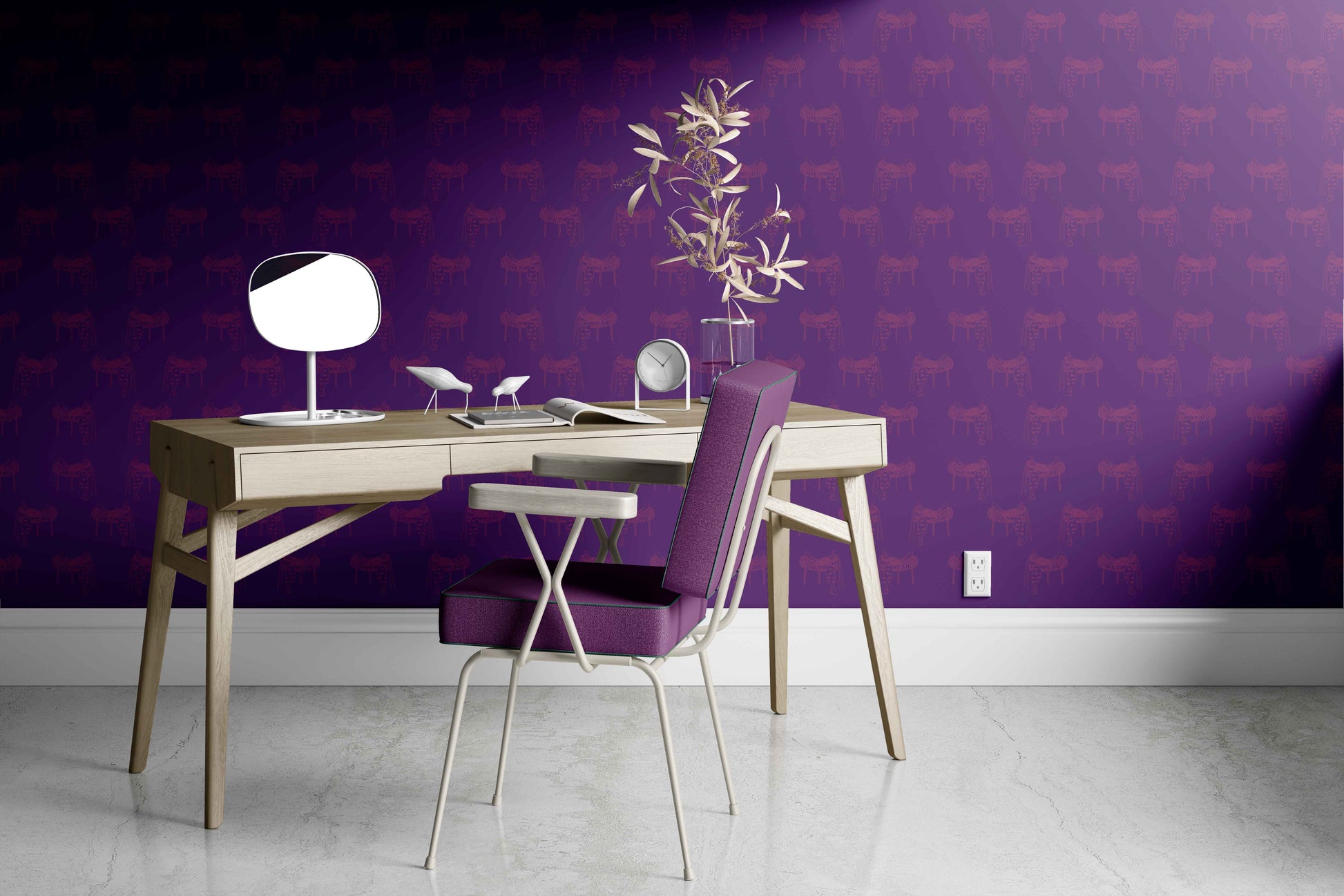 purple_A wallpaper featuring a pattern of illustrated saddles on a purple background.
