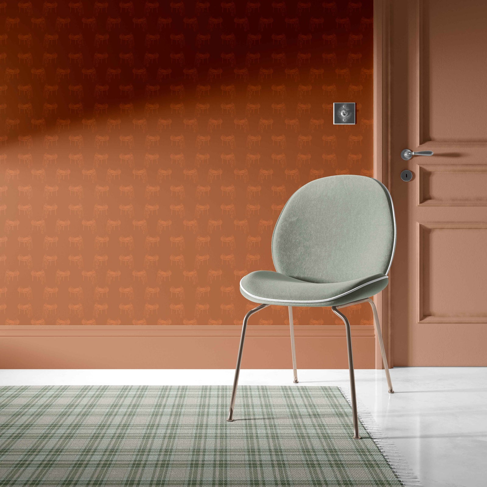 rust_A wallpaper featuring a pattern of illustrated saddles on a rust background.