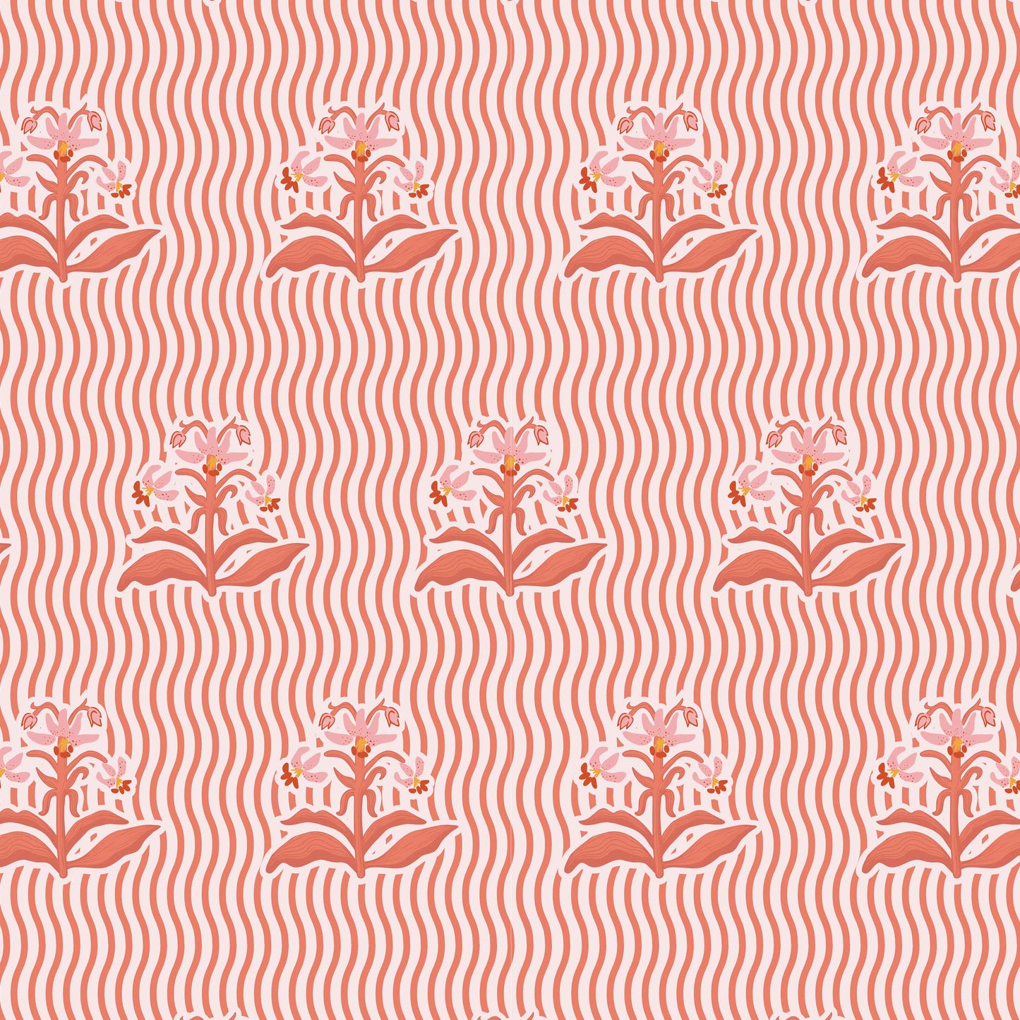 coral_Playful repeating pattern featuring stylized floral bouquets in soft pink and coral tones, set against a background of flowing wavy stripes for a rhythmic, retro-inspired look.