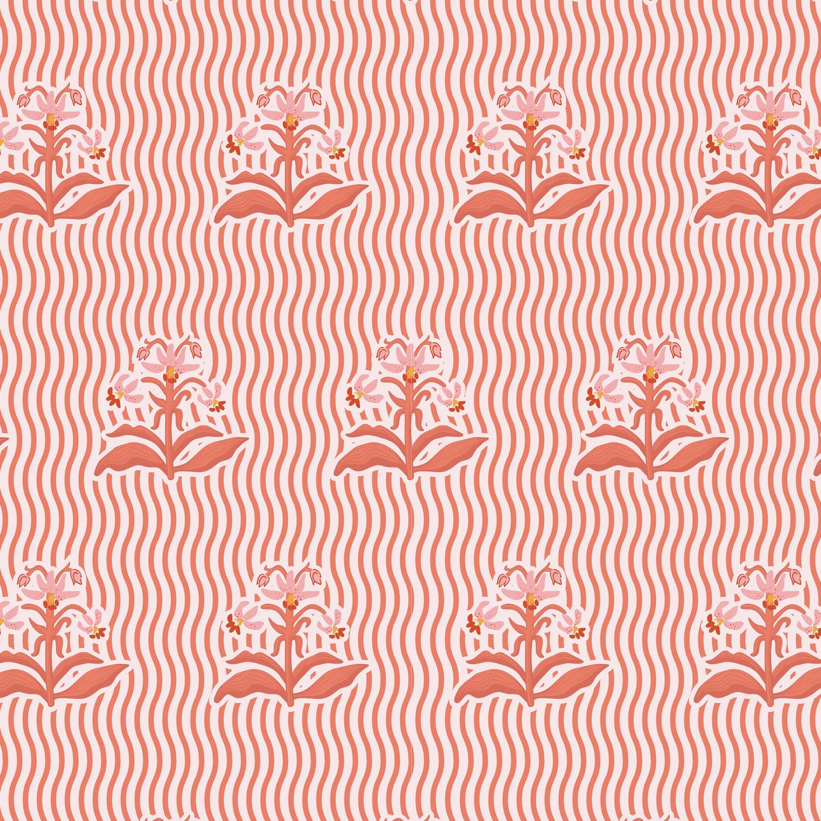 coral_Playful repeating pattern featuring stylized floral bouquets in soft pink and coral tones, set against a background of flowing wavy stripes for a rhythmic, retro-inspired look.