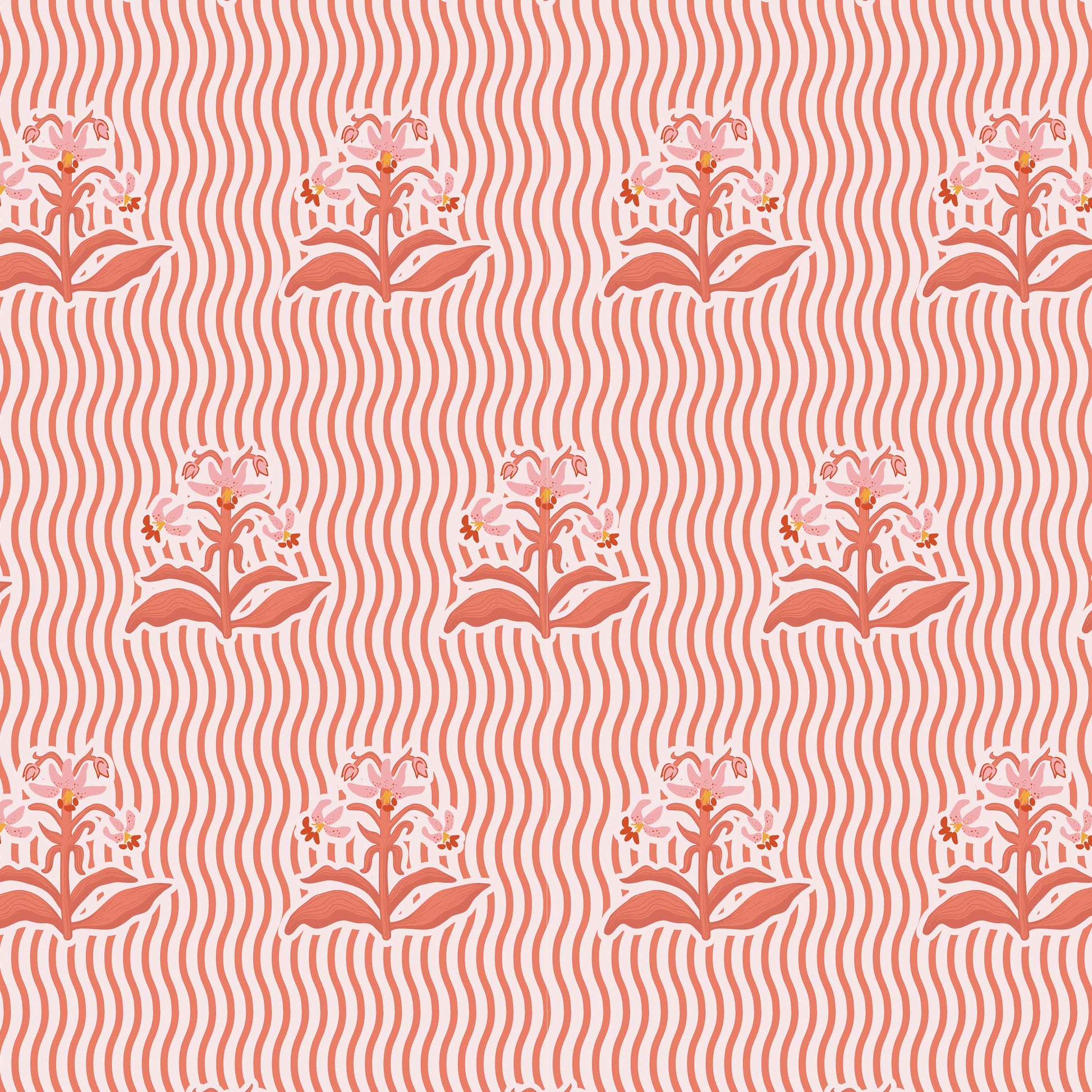 coral_Playful repeating pattern featuring stylized floral bouquets in soft pink and coral tones, set against a background of flowing wavy stripes for a rhythmic, retro-inspired look.