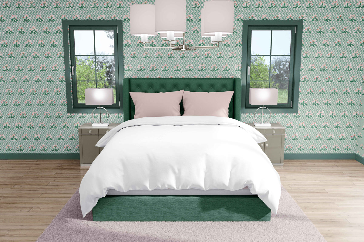 green_Playful repeating pattern featuring stylized floral bouquets in soft green and coral tones, set against a background of flowing wavy stripes for a rhythmic, retro-inspired look.
