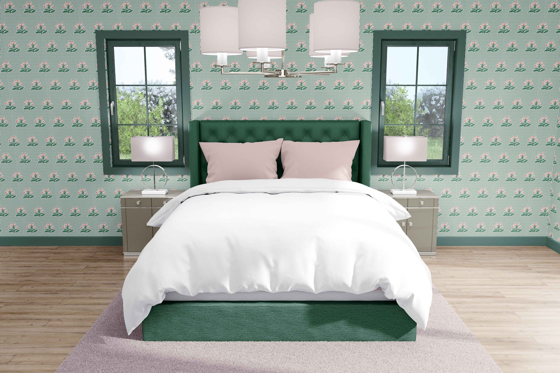 green_Playful repeating pattern featuring stylized floral bouquets in soft green and coral tones, set against a background of flowing wavy stripes for a rhythmic, retro-inspired look.
