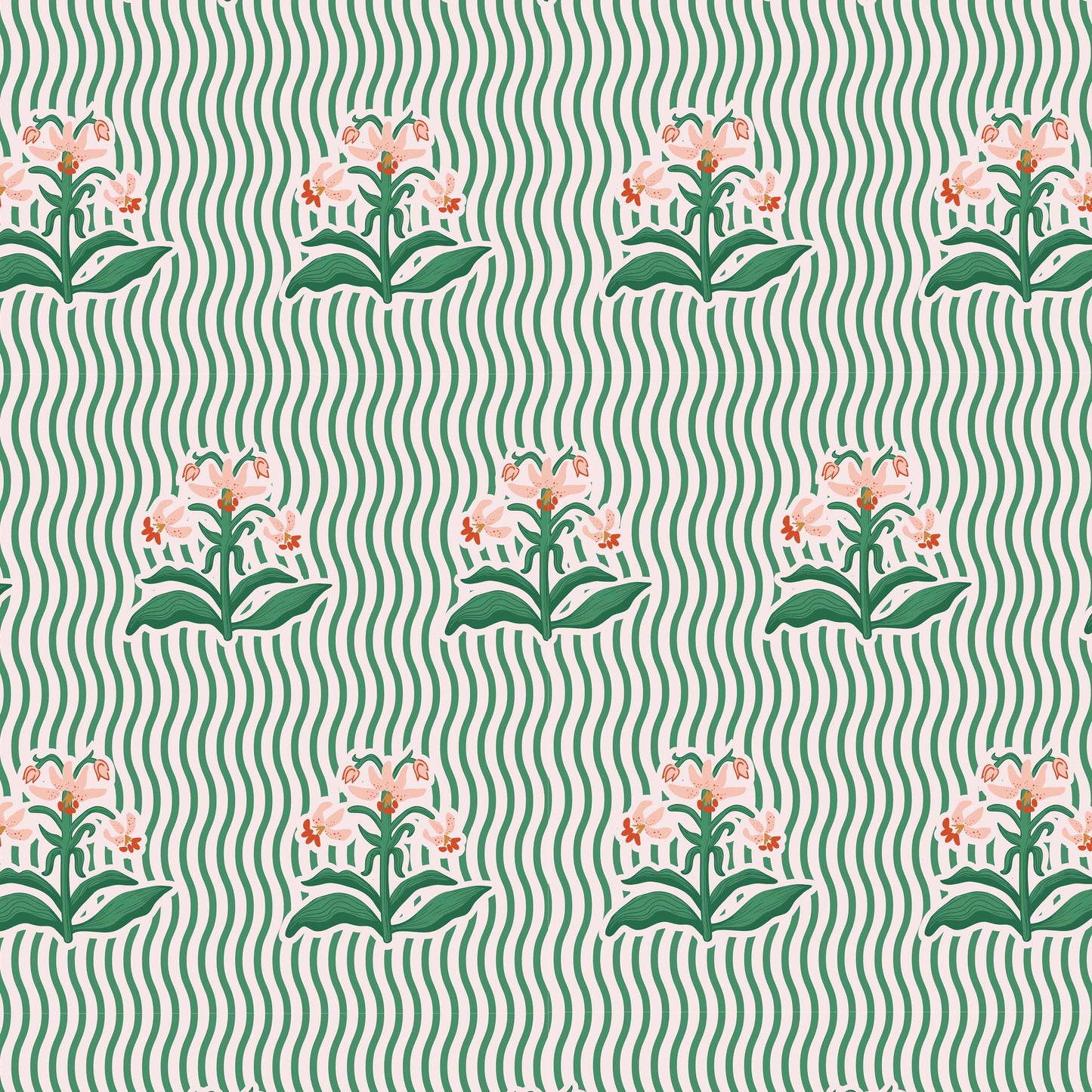 green_Playful repeating pattern featuring stylized floral bouquets in soft green and coral tones, set against a background of flowing wavy stripes for a rhythmic, retro-inspired look.