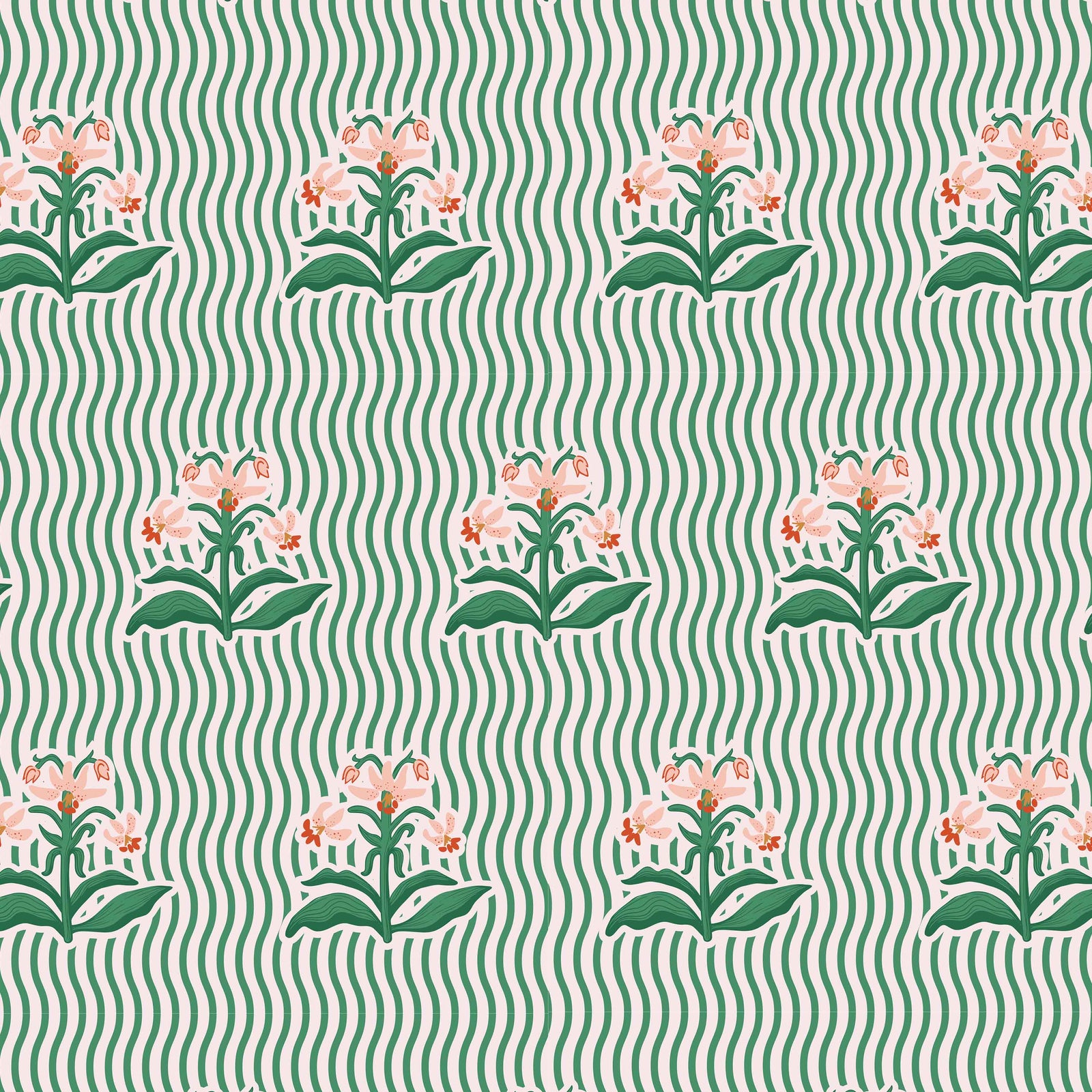 green_Playful repeating pattern featuring stylized floral bouquets in soft green and coral tones, set against a background of flowing wavy stripes for a rhythmic, retro-inspired look.
