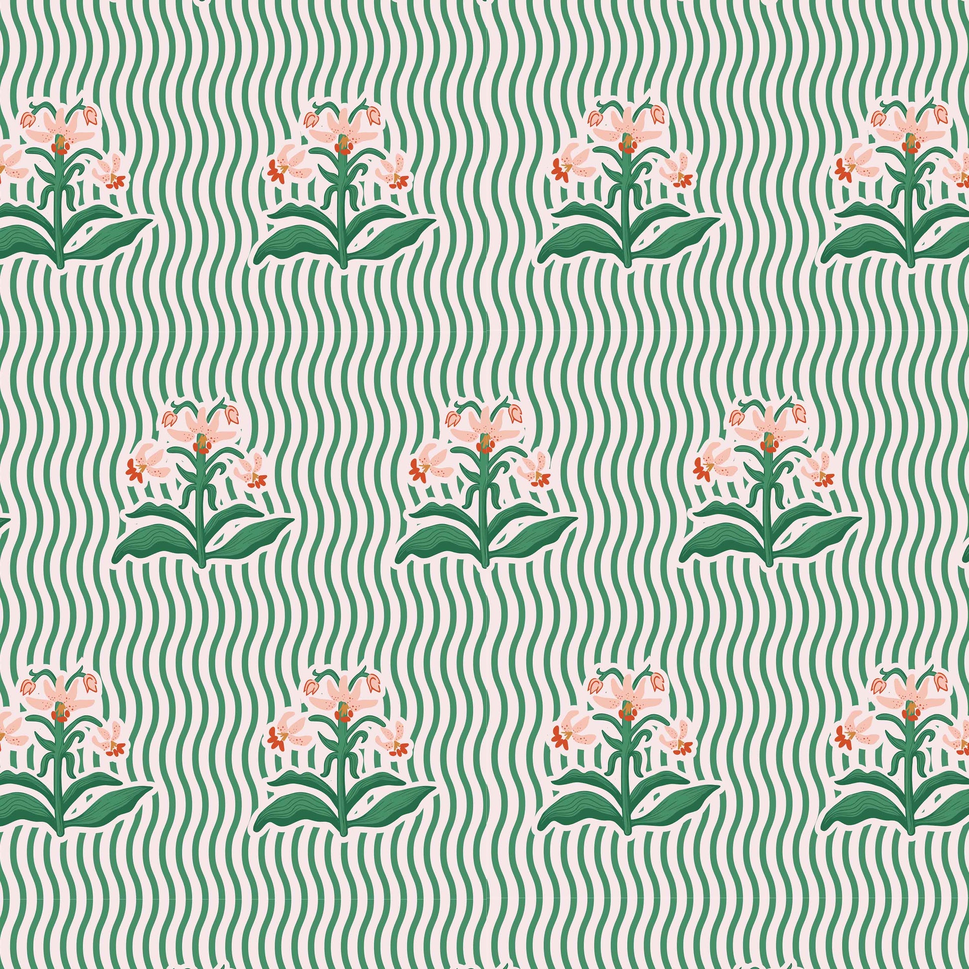 green_Playful repeating pattern featuring stylized floral bouquets in soft green and coral tones, set against a background of flowing wavy stripes for a rhythmic, retro-inspired look.