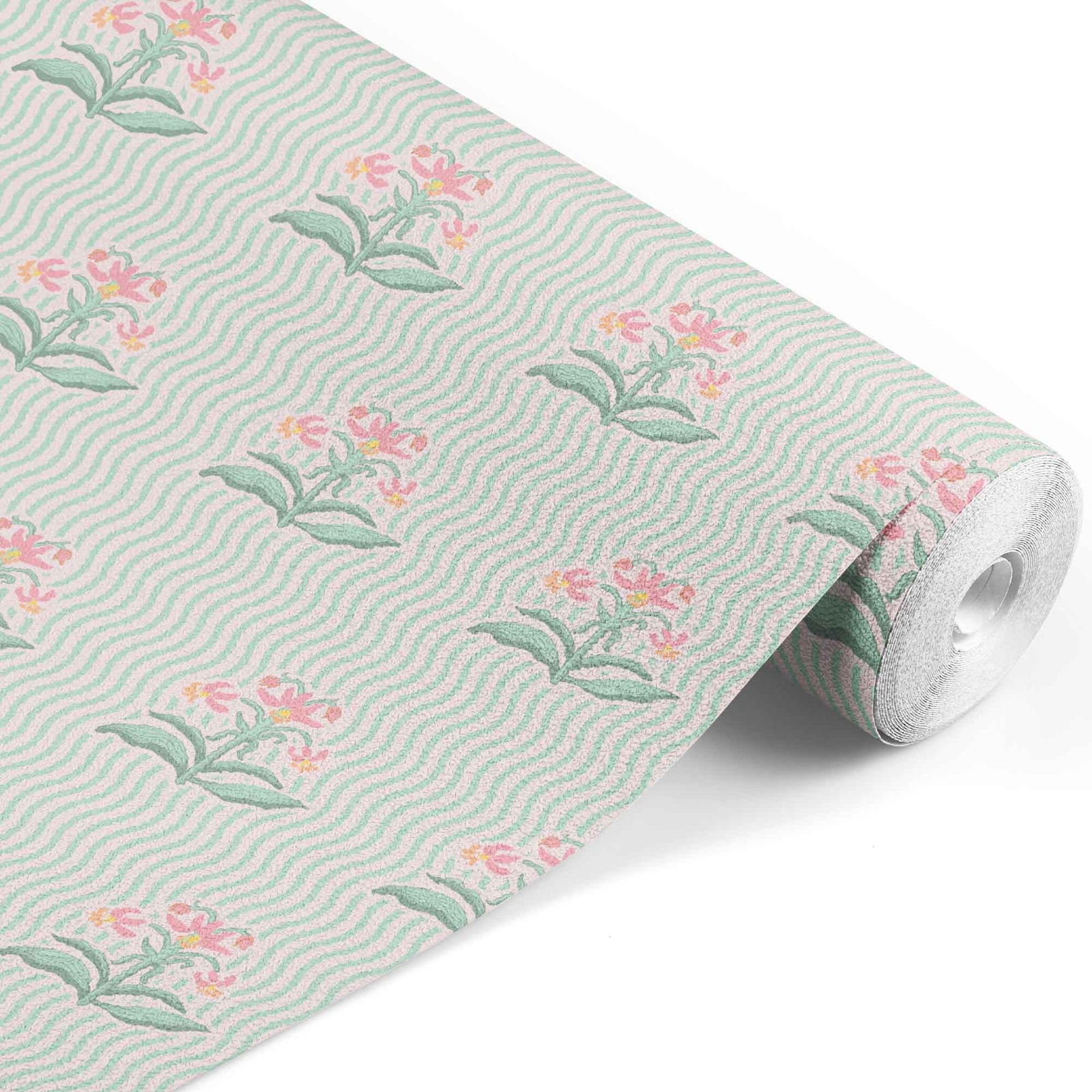 mint_Playful repeating pattern featuring stylized floral bouquets in soft mint and coral tones, set against a background of flowing wavy stripes for a rhythmic, retro-inspired look.
