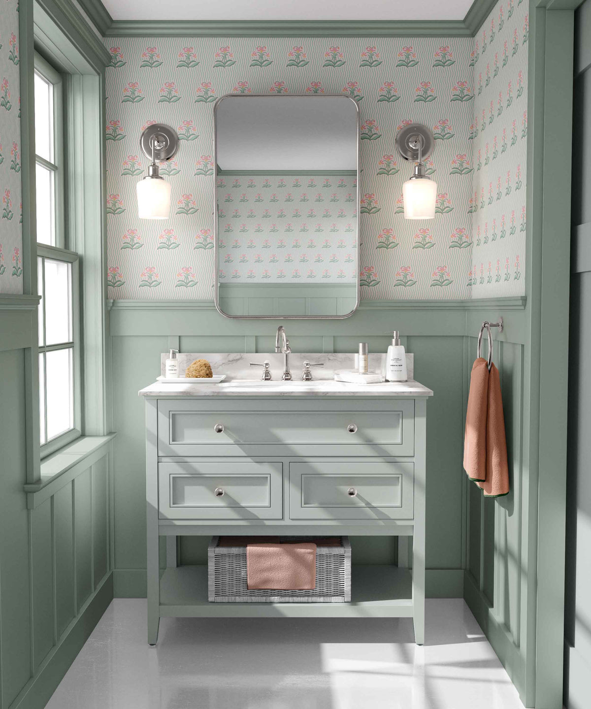 mint_Playful repeating pattern featuring stylized floral bouquets in soft mint and coral tones, set against a background of flowing wavy stripes for a rhythmic, retro-inspired look.
