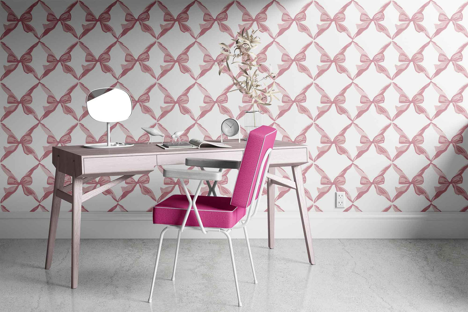 white_Charming repeating pattern of soft pink watercolor bows arranged in a diamond lattice on a light background, creating a delicate, feminine, and playful look in an office with a desk.