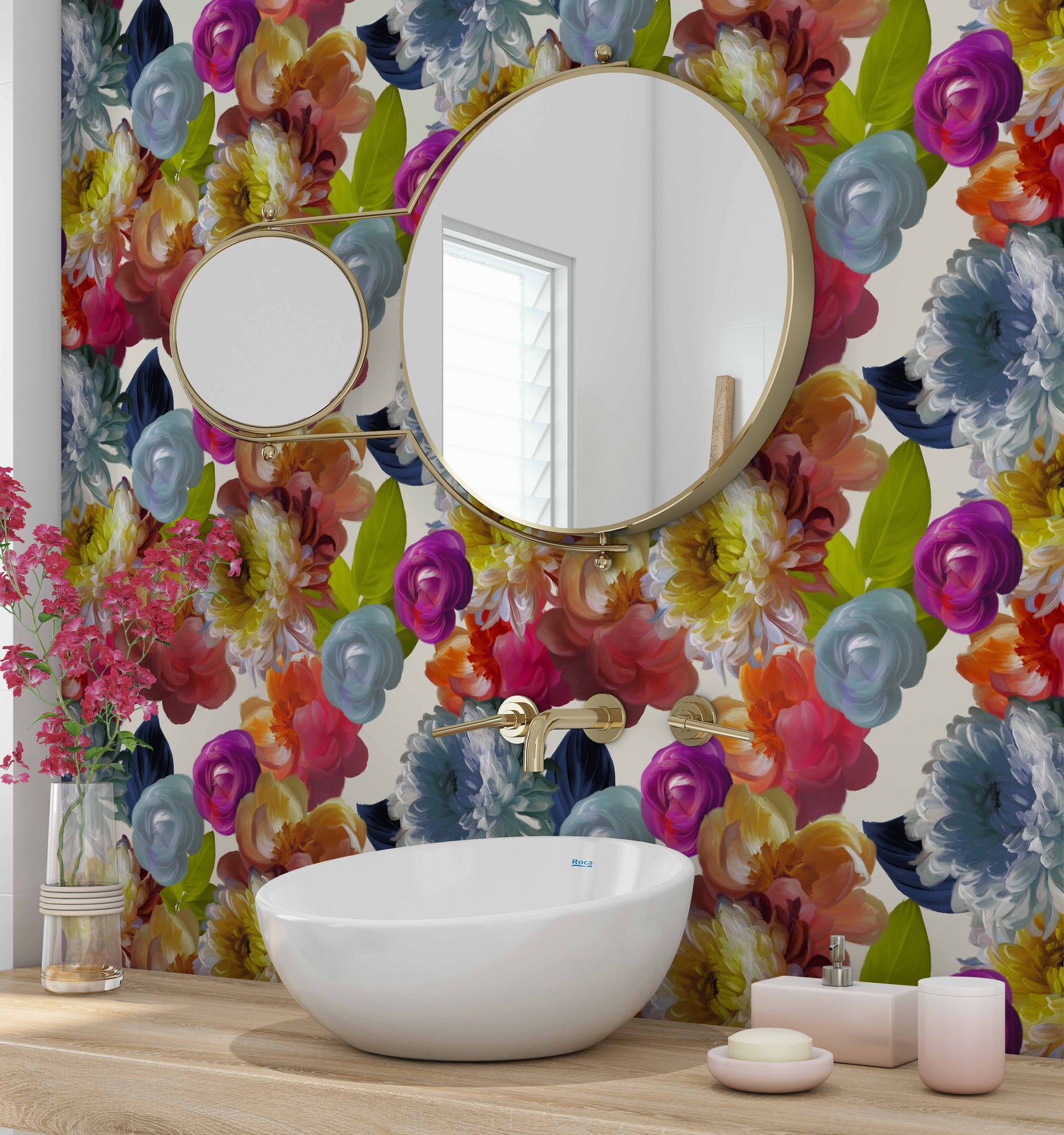 dame_Vibrant painterly floral pattern featuring lush, expressive blossoms in bright shades of pink, coral, yellow, blue, and white with fresh green leaves, creating a rich, layered, and artistic garden-inspired design in a bathroom.