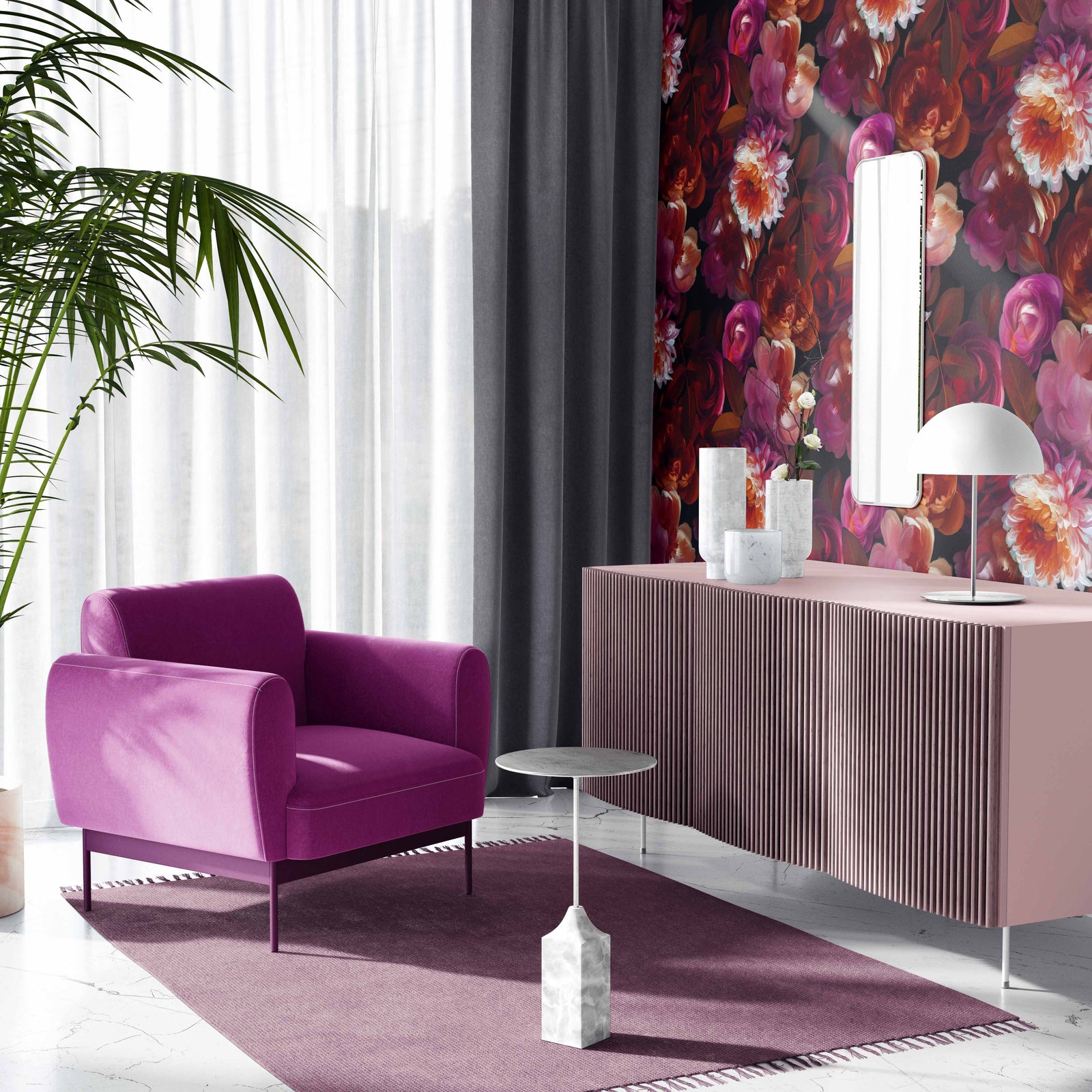 moody_Rich, painterly floral pattern featuring lush blossoms in deep reds, pinks, and corals with warm-toned foliage, set against a black background for a dramatic, high-contrast, and romantic look in a room with a pink chair.