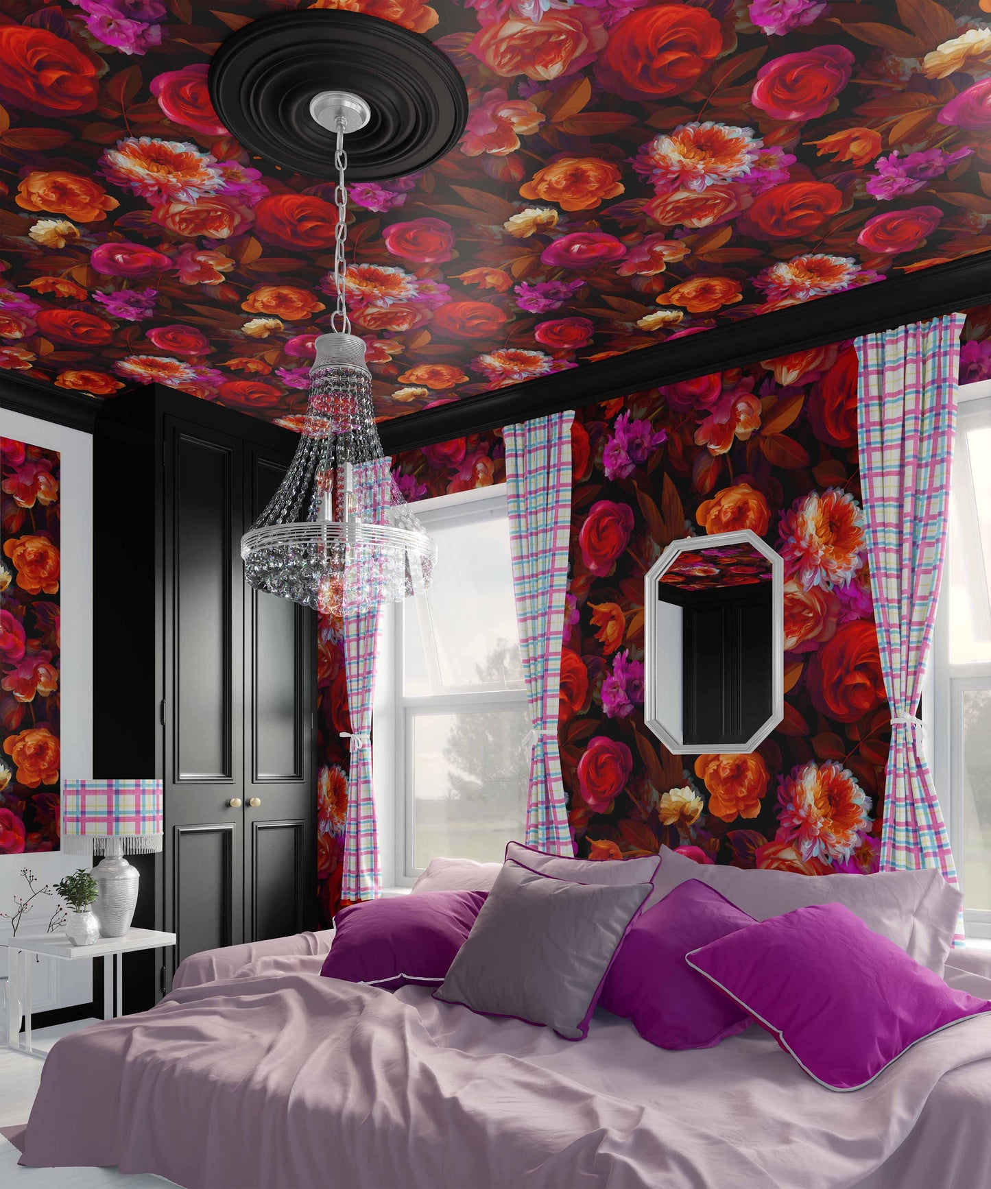 vamp_Luxurious painterly floral pattern featuring richly layered blossoms in vibrant reds, pinks, oranges, and creams with warm foliage, set against a deep black background for a bold, dramatic, and romantic effect in a bedroom with a pink bed.