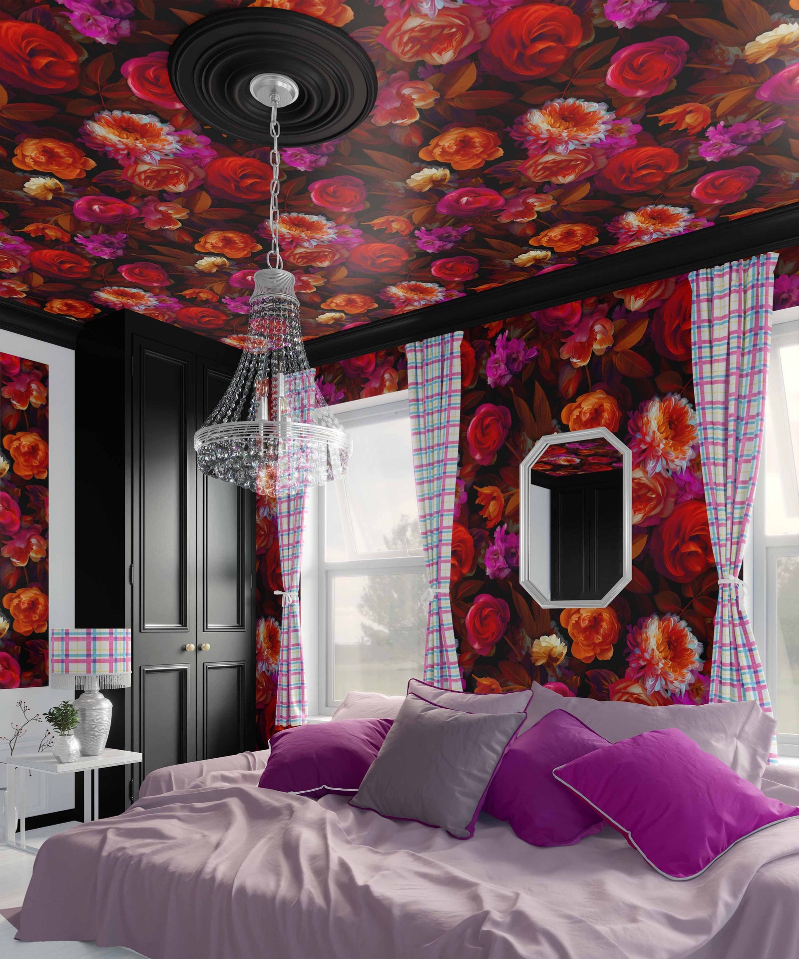 vamp_Luxurious painterly floral pattern featuring richly layered blossoms in vibrant reds, pinks, oranges, and creams with warm foliage, set against a deep black background for a bold, dramatic, and romantic effect in a bedroom with a pink bed.