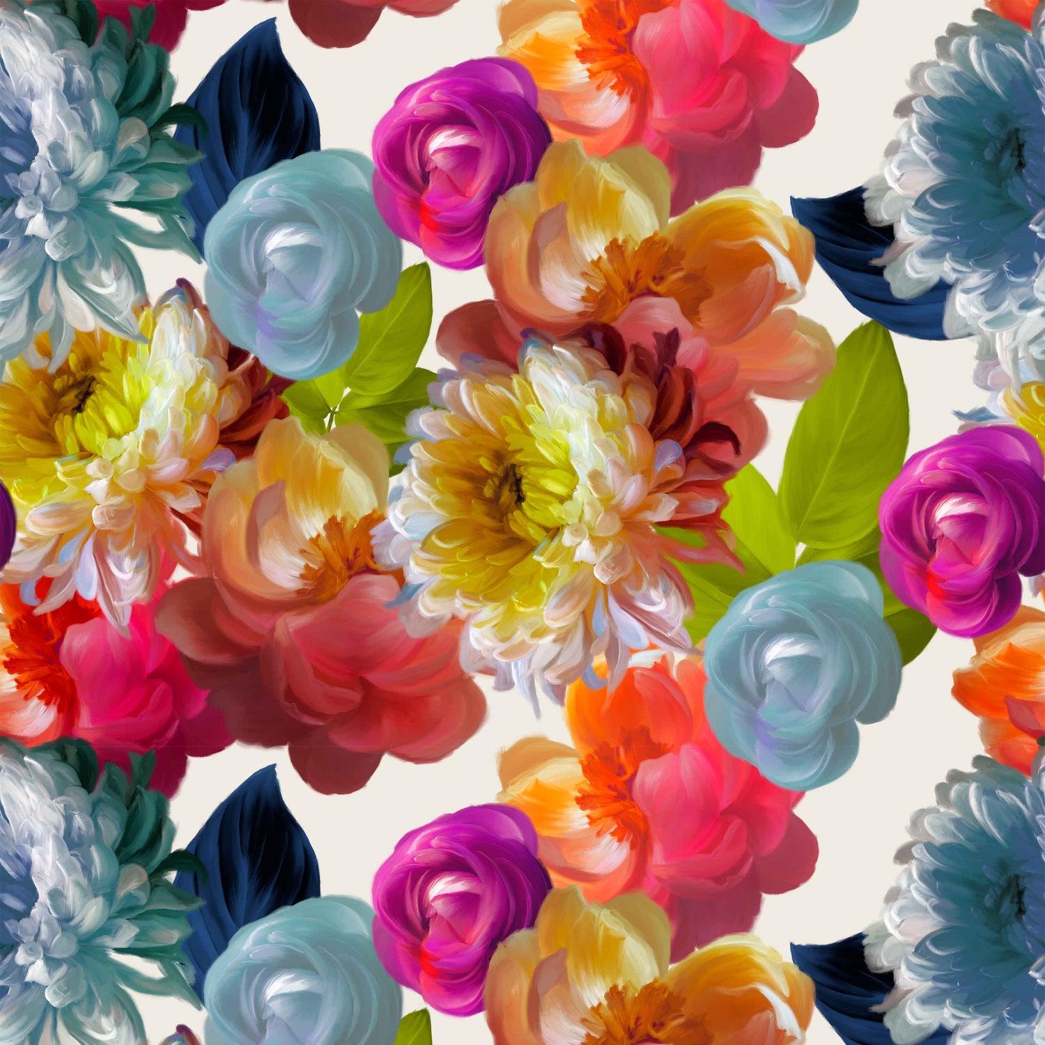 dame_Vibrant painterly floral pattern featuring lush, expressive blossoms in bright shades of pink, coral, yellow, blue, and white with fresh green leaves, creating a rich, layered, and artistic garden-inspired design.