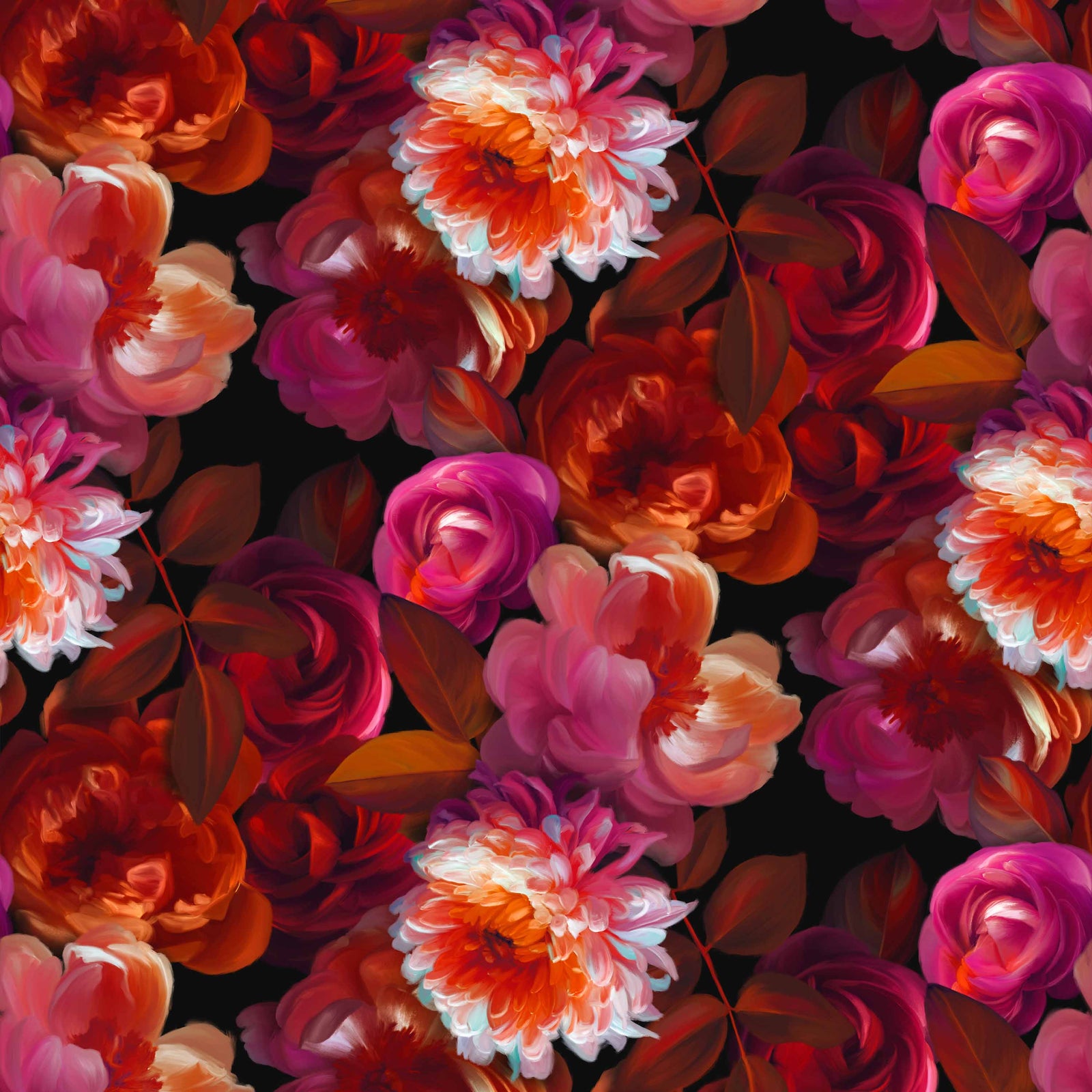 moody_Rich, painterly floral pattern featuring lush blossoms in deep reds, pinks, and corals with warm-toned foliage, set against a black background for a dramatic, high-contrast, and romantic look.