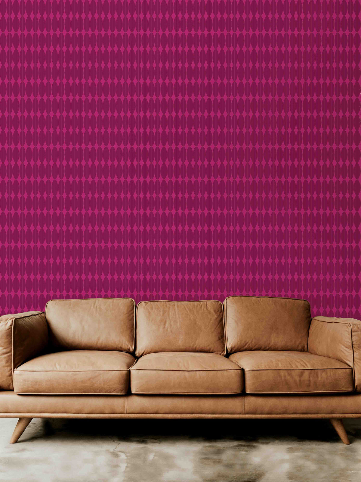 hot-pink_brown couch with hot pink wallpaper