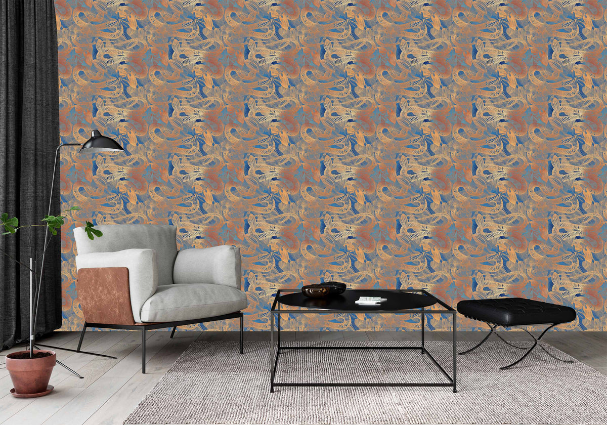 blue_Lush, decorative pattern featuring intertwining serpents and stylized florals rendered in metallic gold tones over a rich blue background, creating an ornate, luxurious, and slightly exotic aesthetic in a room with a white chair.
