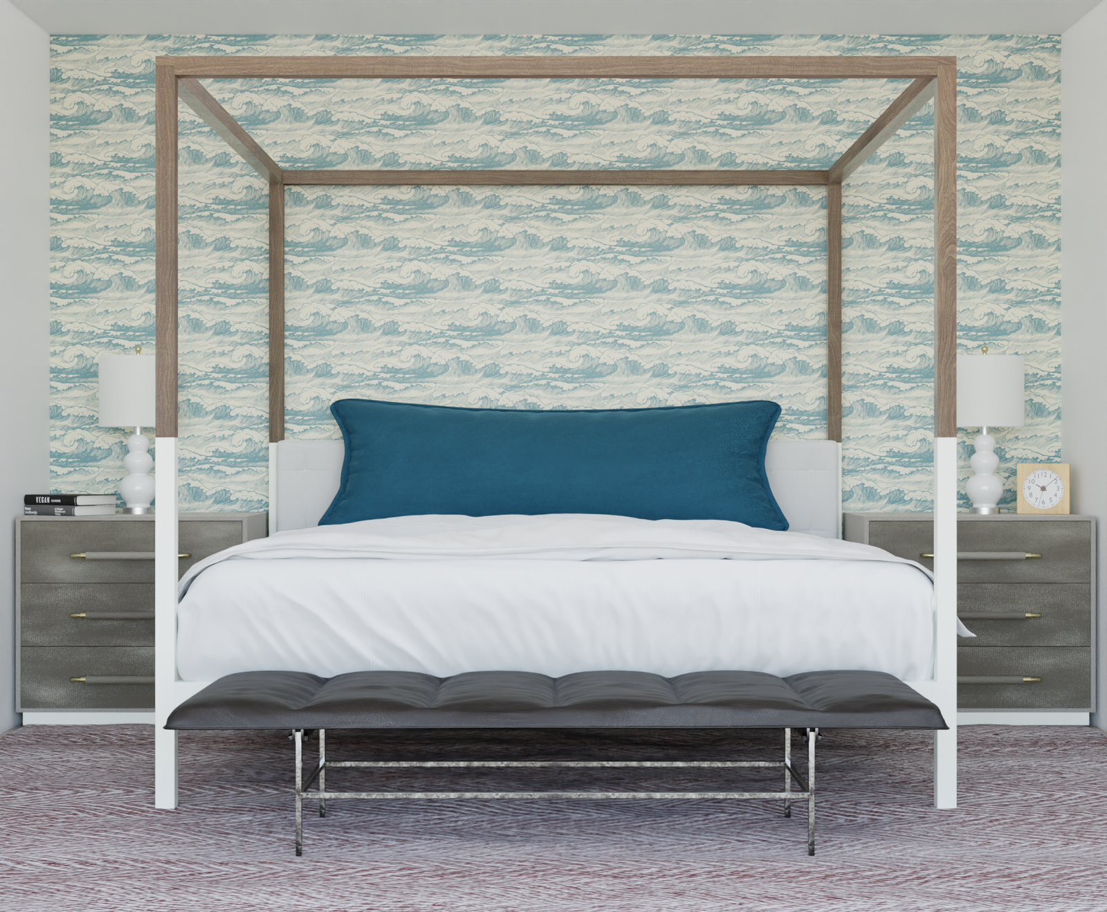 blue_Seamless ocean wave pattern featuring hand-drawn, stylized waves in soft blue linework on a light background, creating a classic, nautical-inspired design with fluid movement in a bedroom.