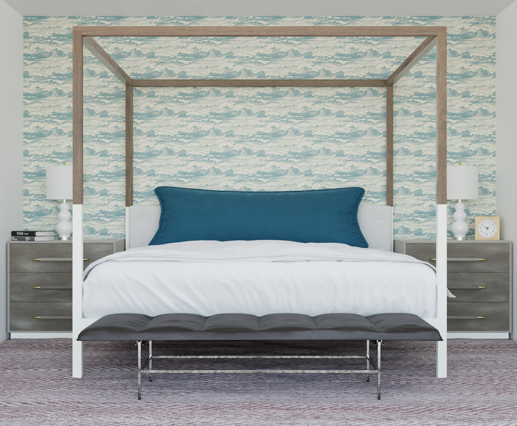blue_Seamless ocean wave pattern featuring hand-drawn, stylized waves in soft blue linework on a light background, creating a classic, nautical-inspired design with fluid movement in a bedroom.