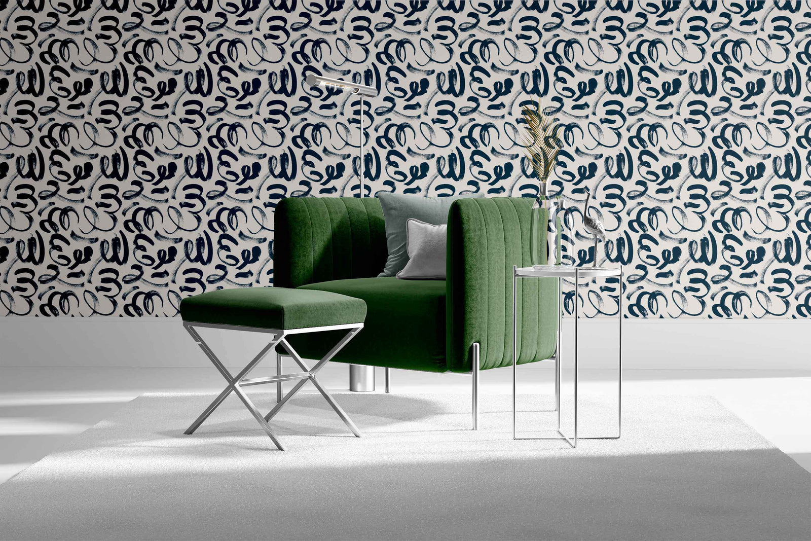 navy_Abstract painterly pattern featuring bold, gestural brushstrokes and looping forms in deep navy on a soft off-white background, creating a dynamic, hand-painted look with expressive movement in a room with a green chair.