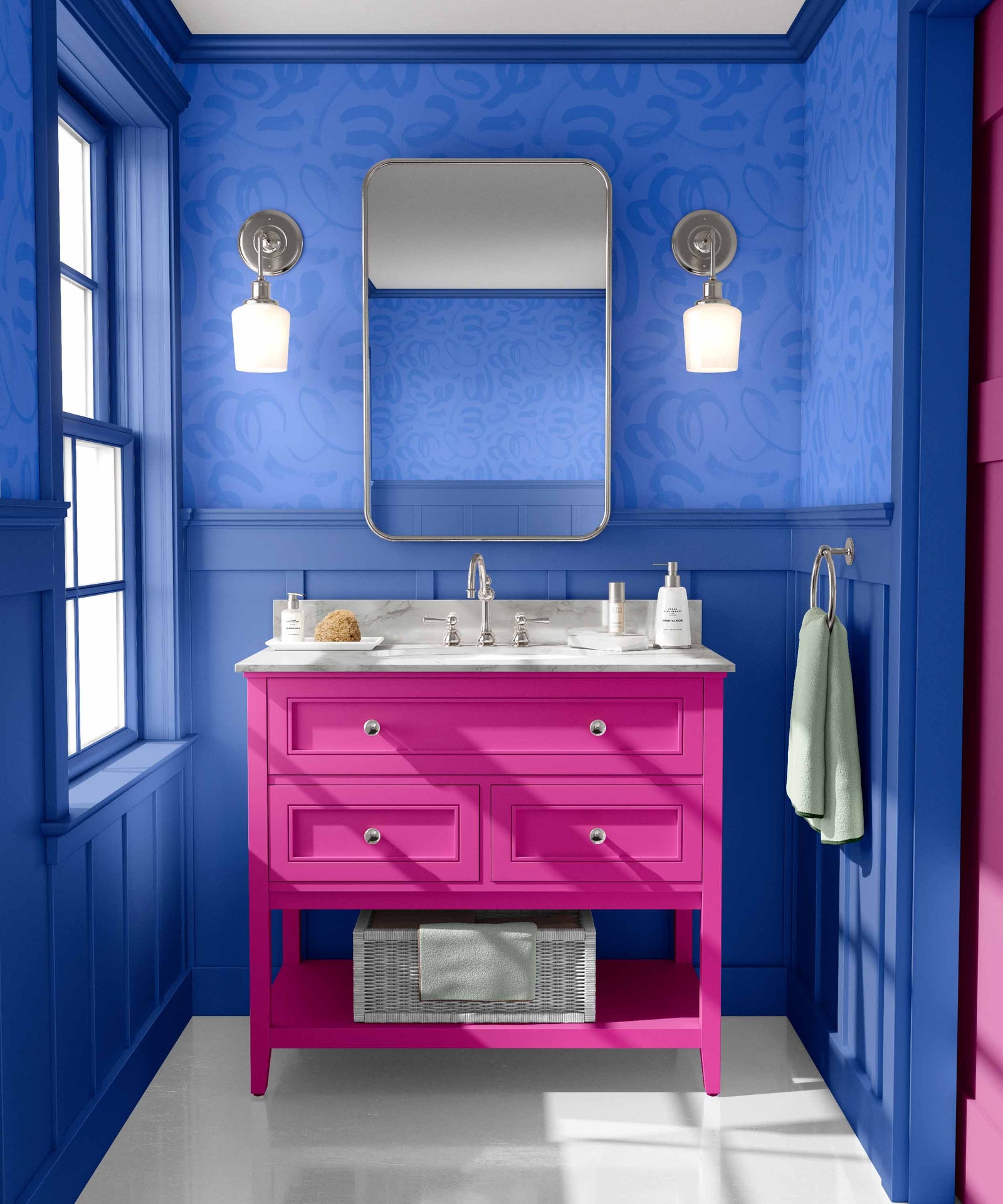 indigo_Abstract painterly pattern featuring bold, gestural brushstrokes and looping forms in a blue color on a lighter blue background, creating a dynamic, hand-painted look with expressive movement in a bathroom.