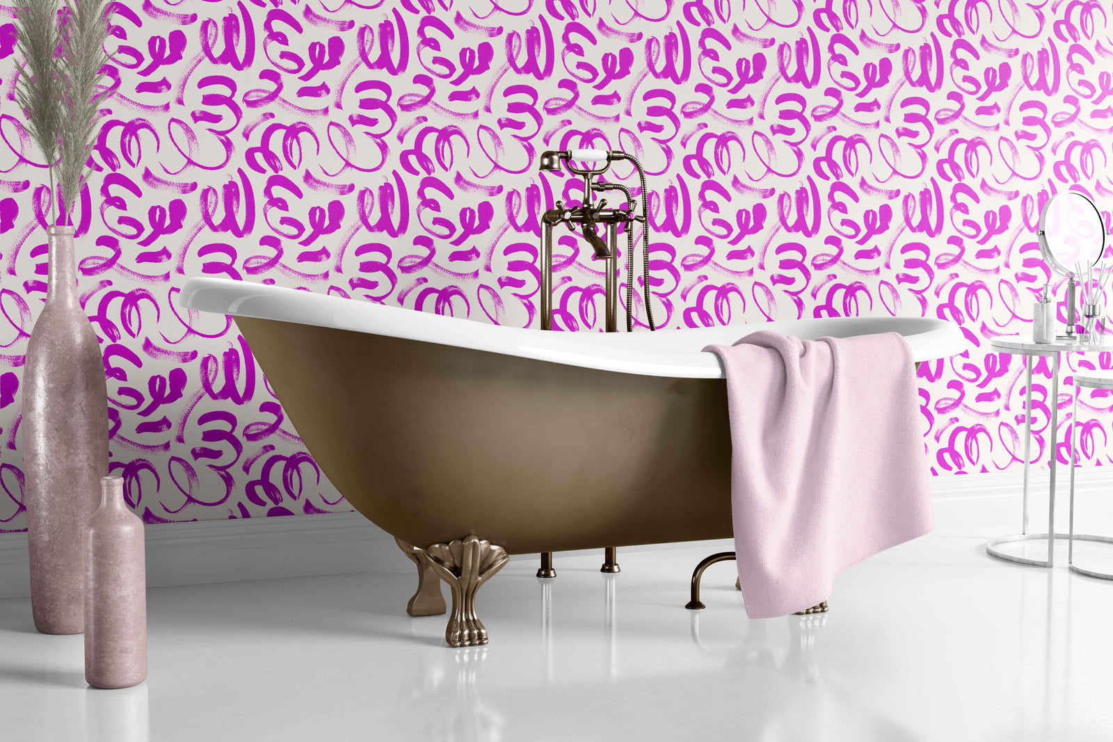 magenta_Abstract painterly pattern featuring bold, gestural brushstrokes and looping forms in magenta on a soft off-white background, creating a dynamic, hand-painted look with expressive movement in a bathroom with a white tub.