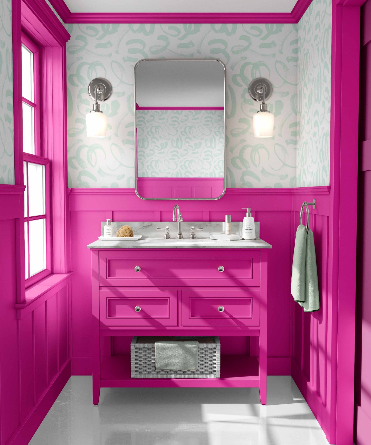 mint_Abstract painterly pattern featuring bold, gestural brushstrokes and looping forms in a mint color on a soft off-white background, creating a dynamic, hand-painted look with expressive movement in a bathroom.