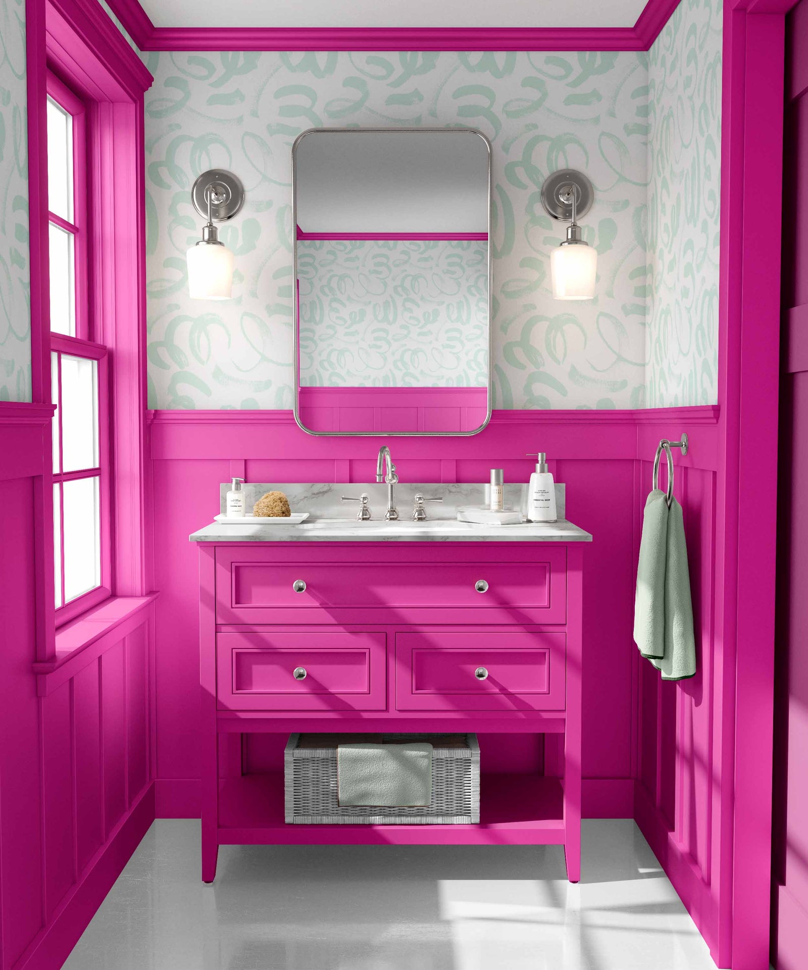 mint_Abstract painterly pattern featuring bold, gestural brushstrokes and looping forms in a mint color on a soft off-white background, creating a dynamic, hand-painted look with expressive movement in a bathroom.