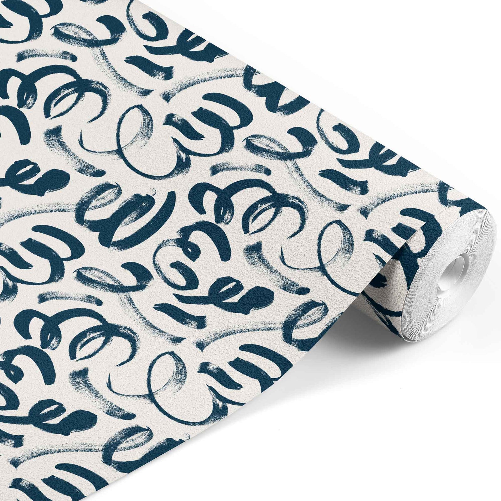 navy_Abstract painterly pattern featuring bold, gestural brushstrokes and looping forms in deep navy on a soft off-white background, creating a dynamic, hand-painted look with expressive movement.