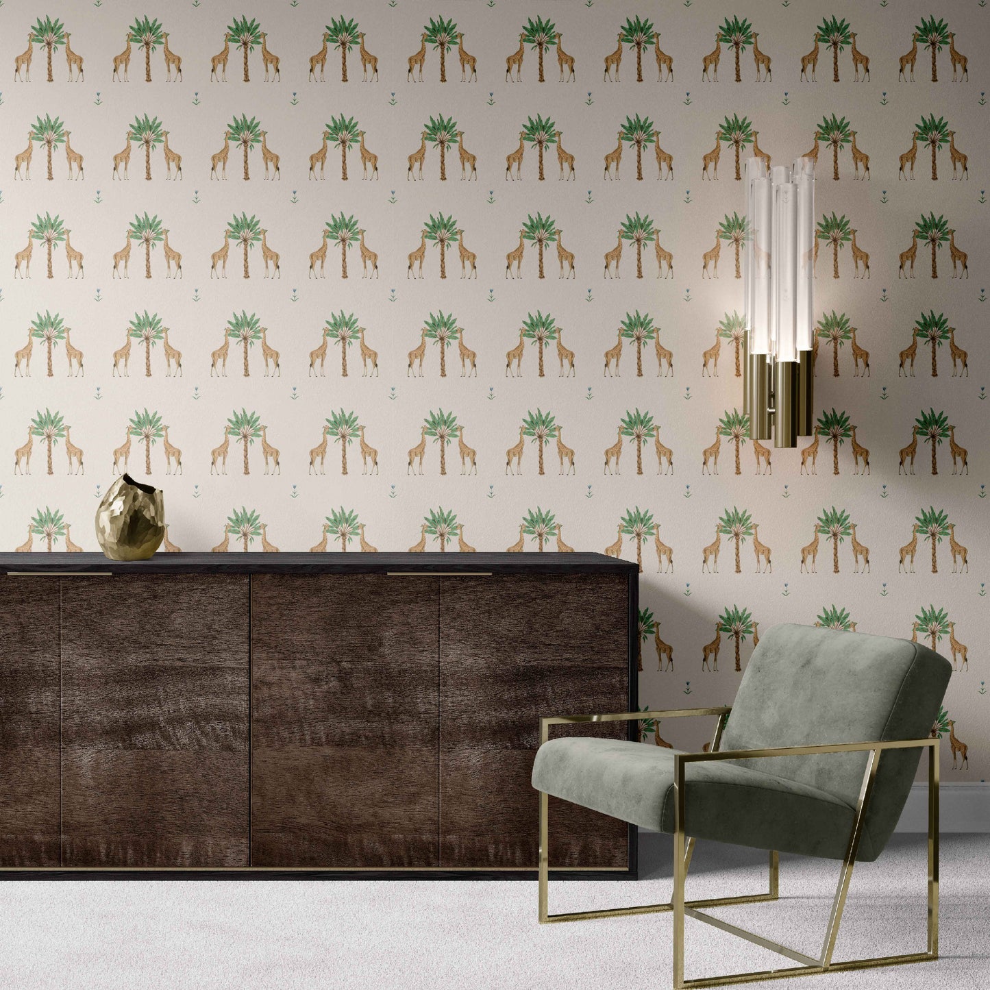 cream_Whimsical safari-inspired pattern featuring pairs of giraffes flanking stylized palm trees, with small scattered florals on a soft neutral background for a playful yet refined look in a room with a sage green chair.