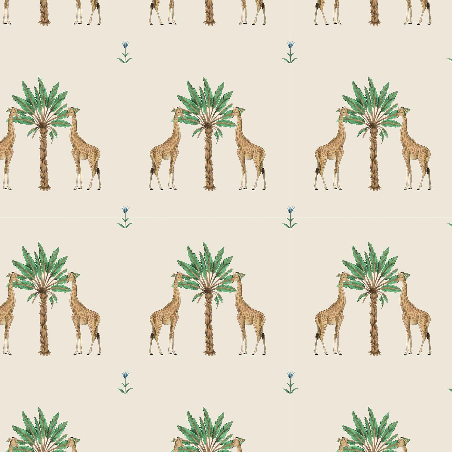 cream_Whimsical safari-inspired pattern featuring pairs of giraffes flanking stylized palm trees, with small scattered florals on a soft neutral background for a playful yet refined look.