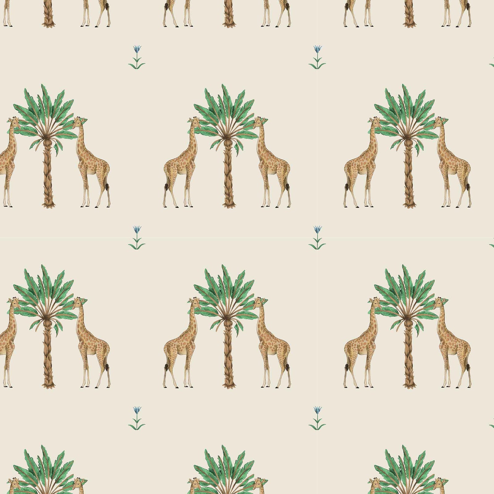 cream_Whimsical safari-inspired pattern featuring pairs of giraffes flanking stylized palm trees, with small scattered florals on a soft neutral background for a playful yet refined look.