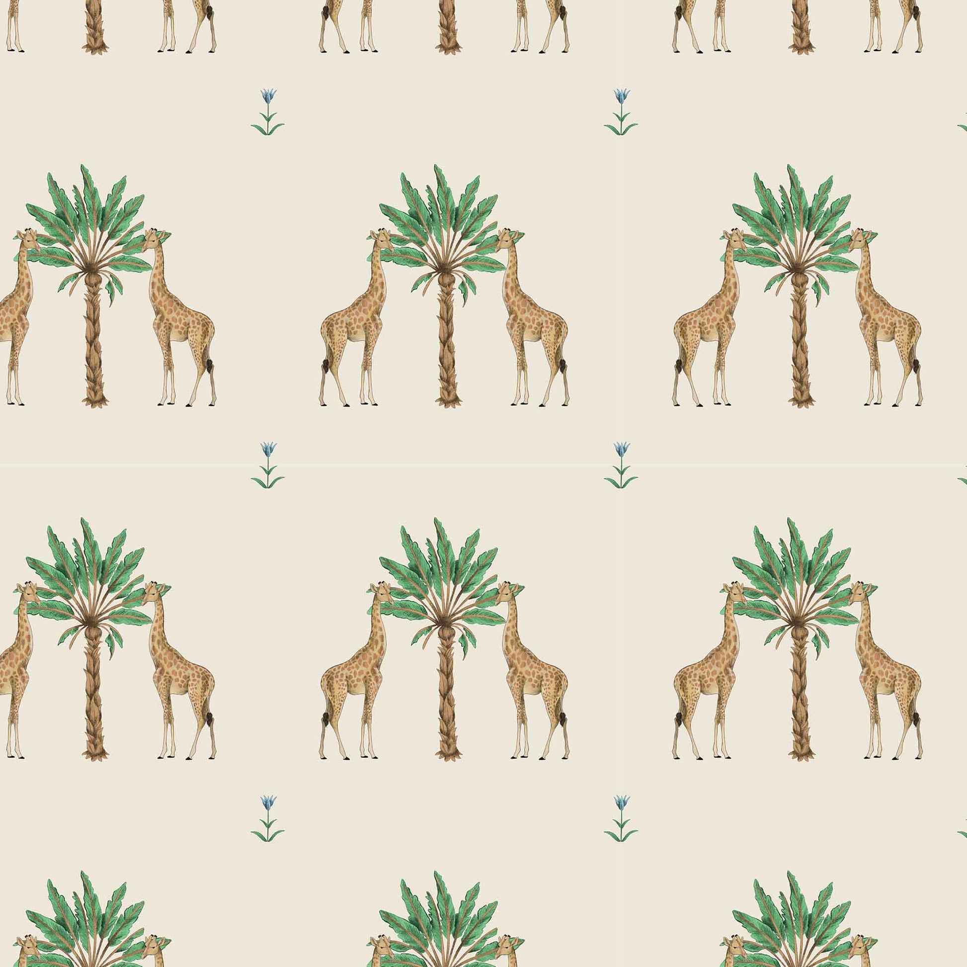 cream_Whimsical safari-inspired pattern featuring pairs of giraffes flanking stylized palm trees, with small scattered florals on a soft neutral background for a playful yet refined look.