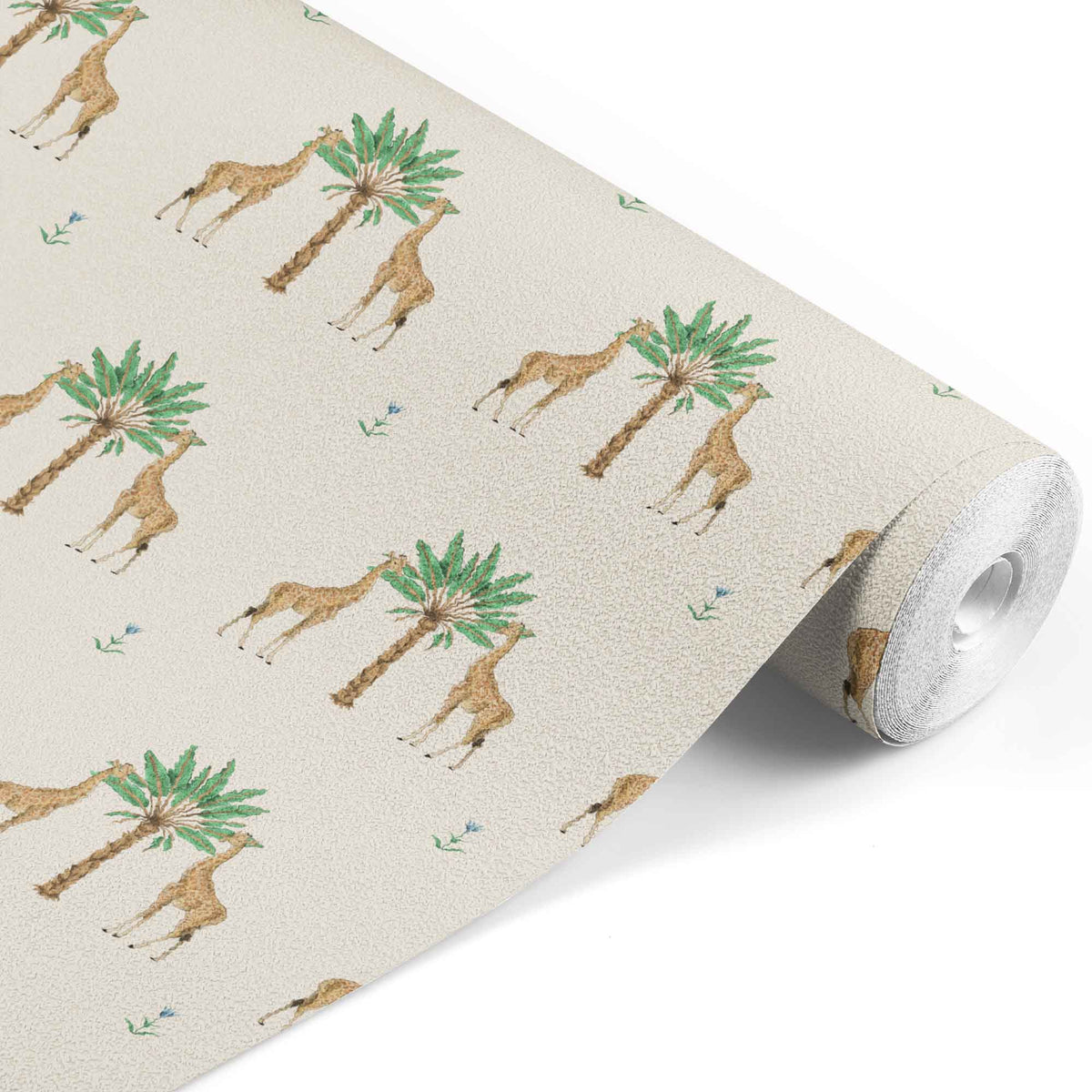 cream_Whimsical safari-inspired pattern featuring pairs of giraffes flanking stylized palm trees, with small scattered florals on a soft neutral background for a playful yet refined look.